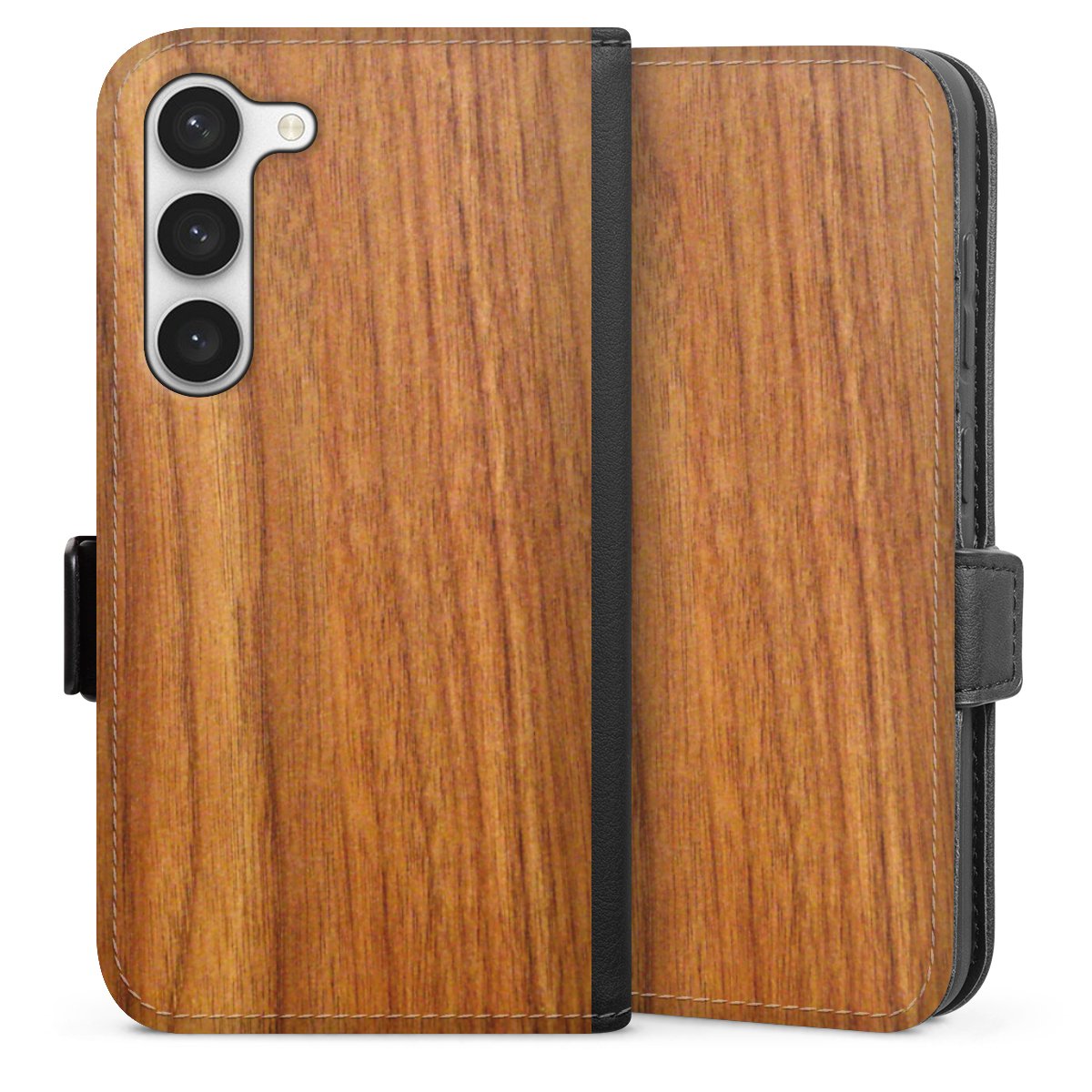 Galaxy S23 Handy Klapphülle Handyhülle aus Kunst Leder schwarz Flip Case Wood Larch Wooden Look Sideflip mit Lasche