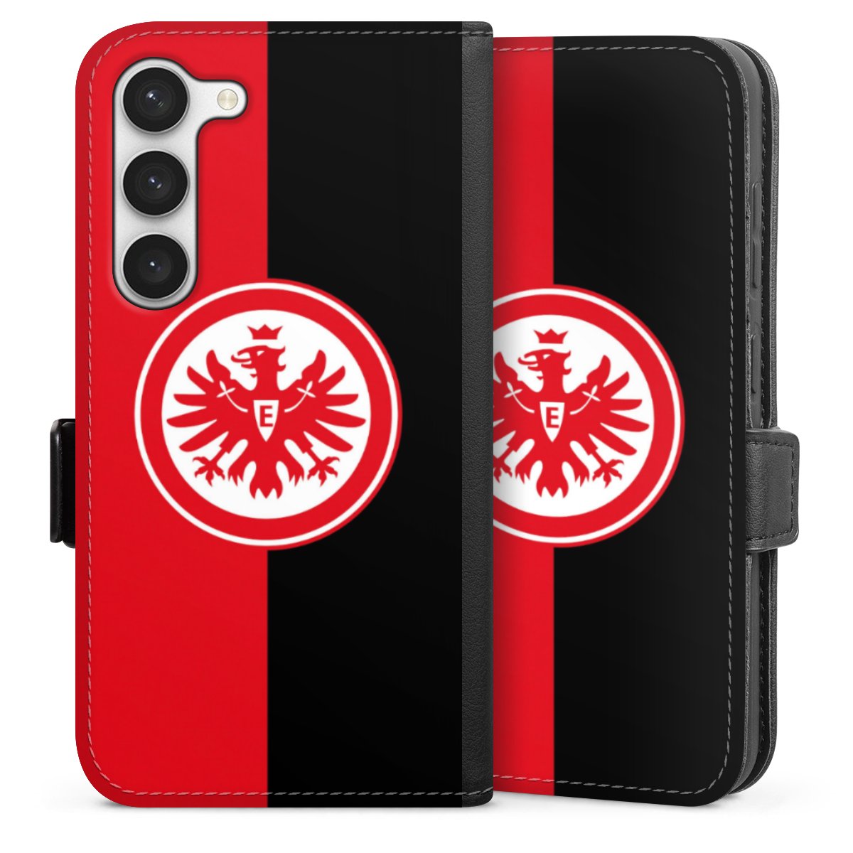 Galaxy S23 Handy Klapphülle Handyhülle aus Kunst Leder schwarz Flip Case Official Licensed Product Eintracht Frankfurt Sge Sideflip mit Lasche