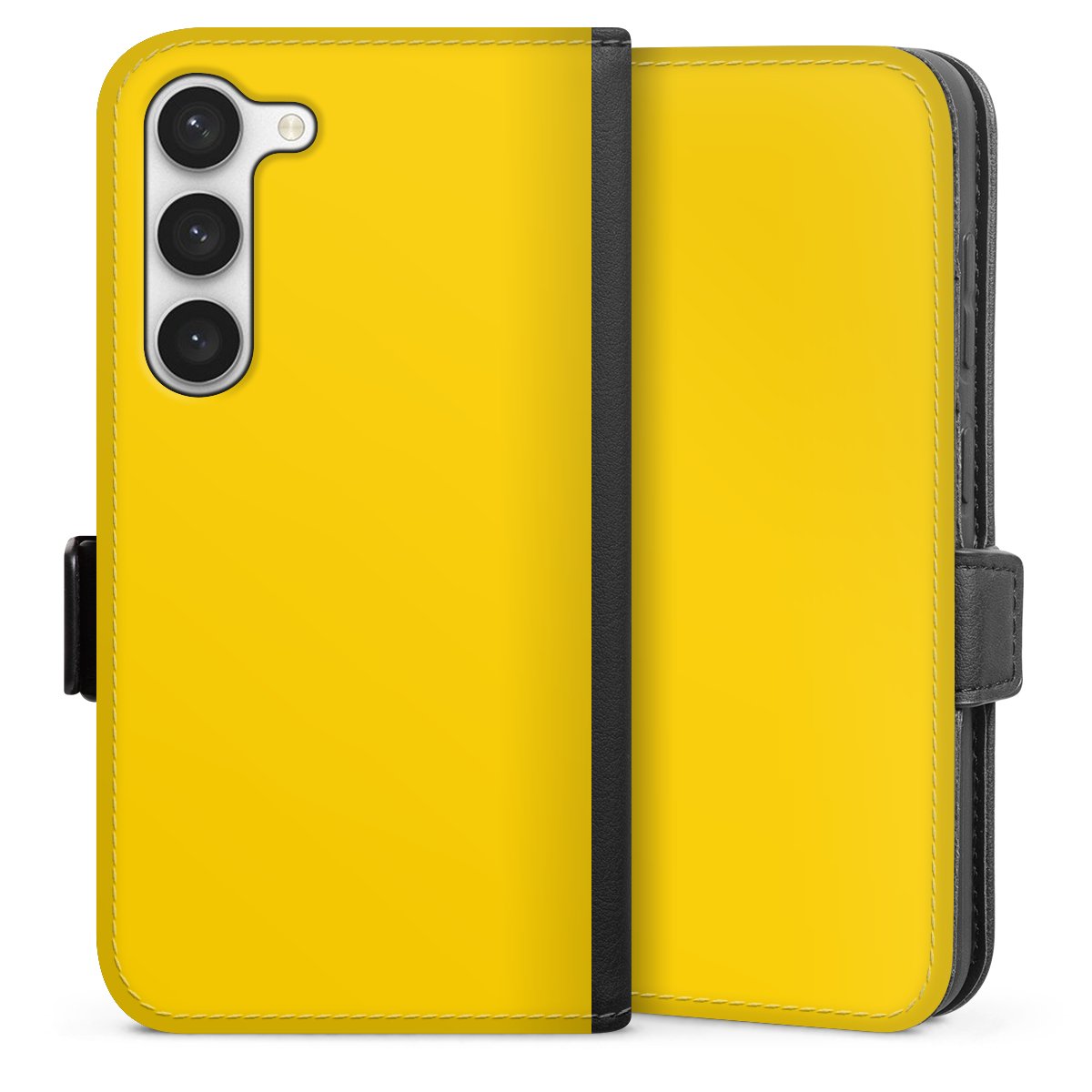 Galaxy S23 Handy Klapphülle Handyhülle aus Kunst Leder schwarz Flip Case Yellow Unicoloured Colour Sideflip mit Lasche