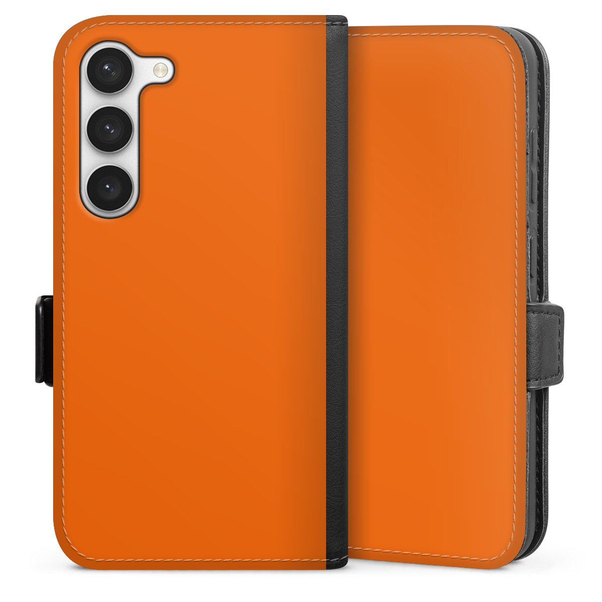 Galaxy S23 Handy Klapphülle Handyhülle aus Kunst Leder schwarz Flip Case Orange Colour Unicoloured Sideflip mit Lasche