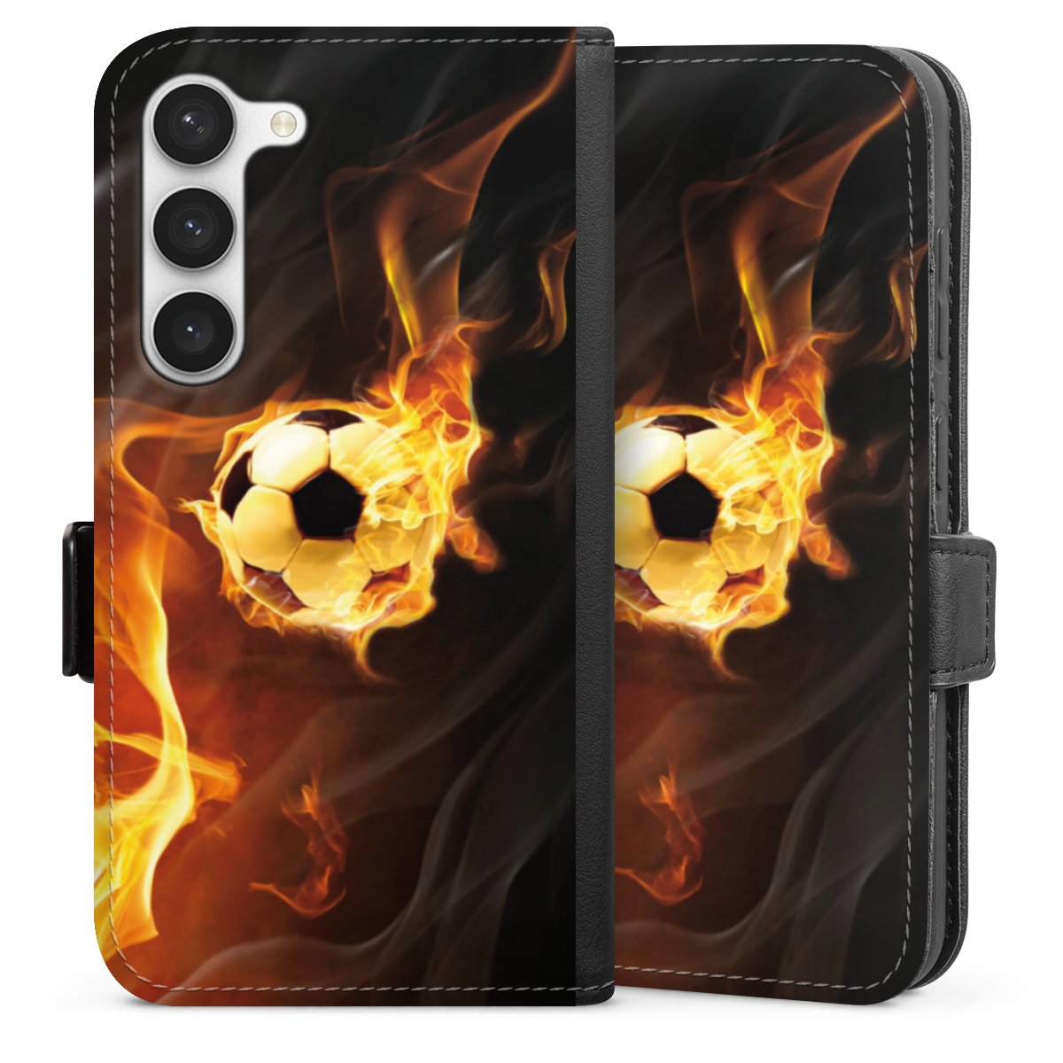 Galaxy S23 Handy Klapphülle Handyhülle aus Kunst Leder schwarz Flip Case Ball Fire Soccer Sideflip mit Lasche