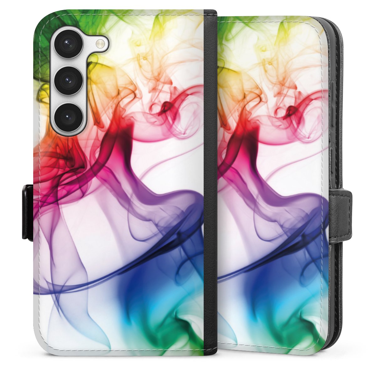 Galaxy S23 Handy Klapphülle Handyhülle aus Kunst Leder schwarz Flip Case Water Colour Rainbow Sideflip mit Lasche