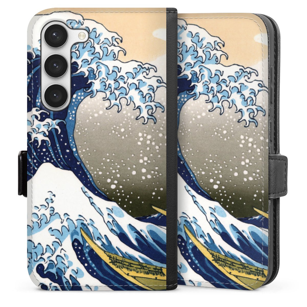 Galaxy S23 Handy Klapphülle Handyhülle aus Kunst Leder schwarz Flip Case Kunst Katsushika Hokusai Die Große Welle Vor Kanagawa Sideflip mit Lasche