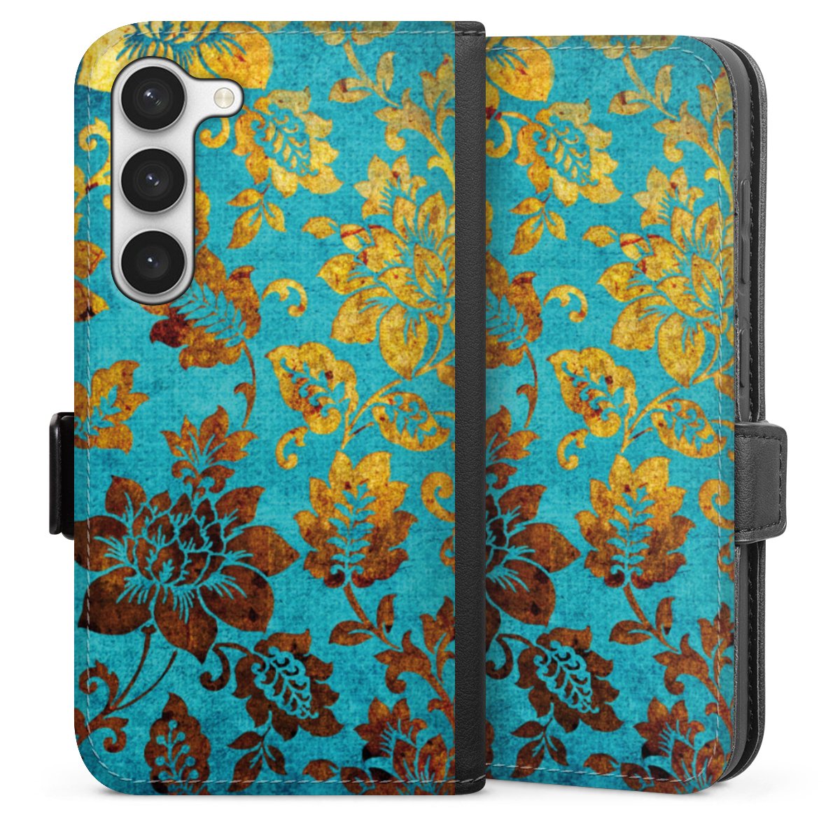 Galaxy S23 Handy Klapphülle Handyhülle aus Kunst Leder schwarz Flip Case Ornament Vintage Flowers Sideflip mit Lasche