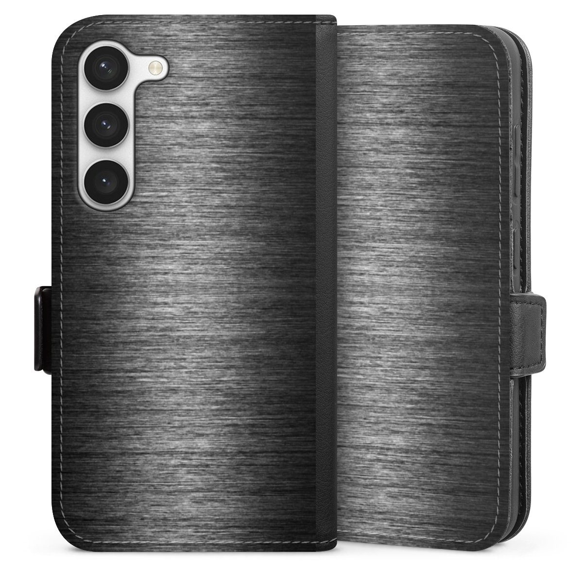 Galaxy S23 Handy Klapphülle Handyhülle aus Kunst Leder schwarz Flip Case Metallic Look Anthracite Metal Sideflip mit Lasche