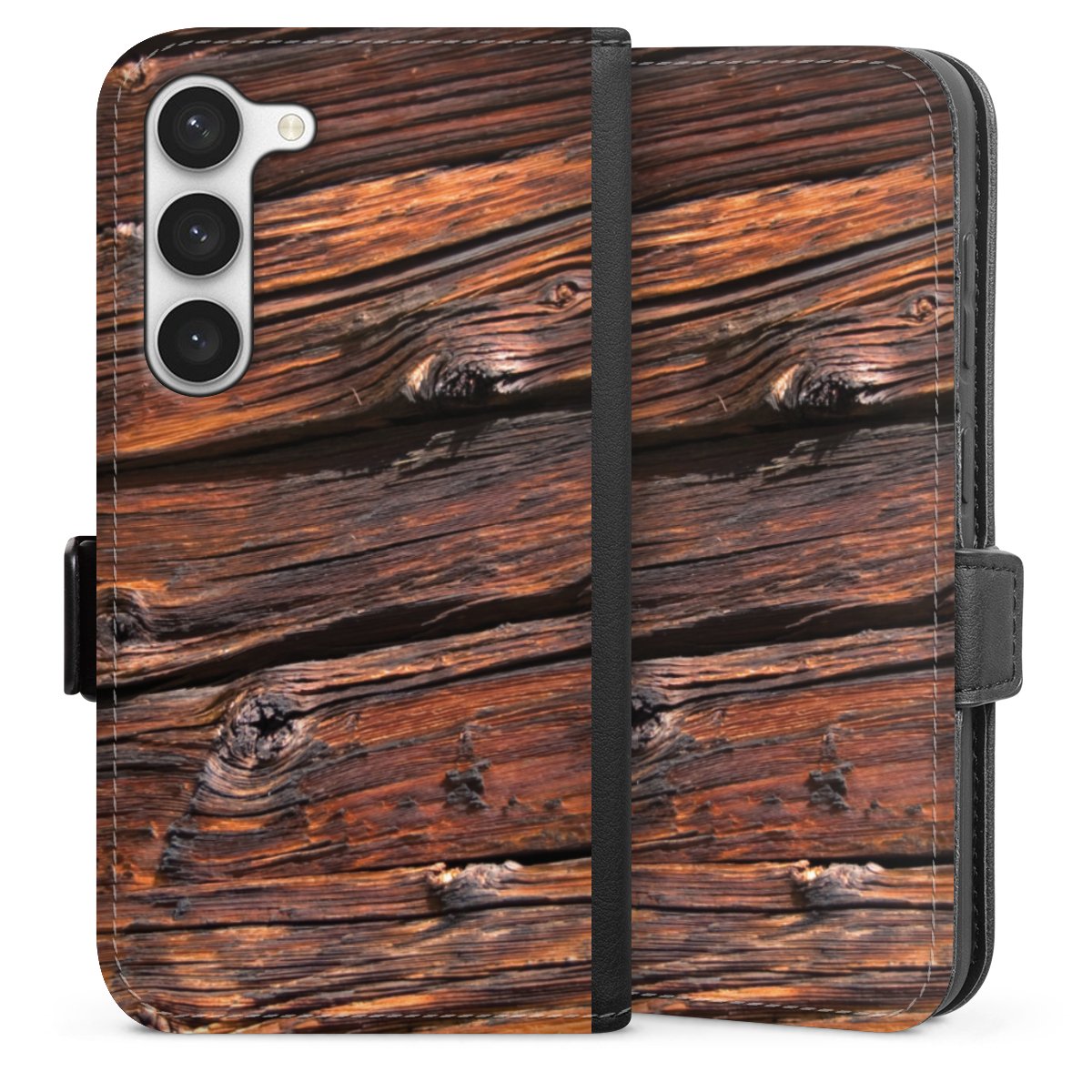 Galaxy S23 Handy Klapphülle Handyhülle aus Kunst Leder schwarz Flip Case Beams Wooden Look Wood Sideflip mit Lasche