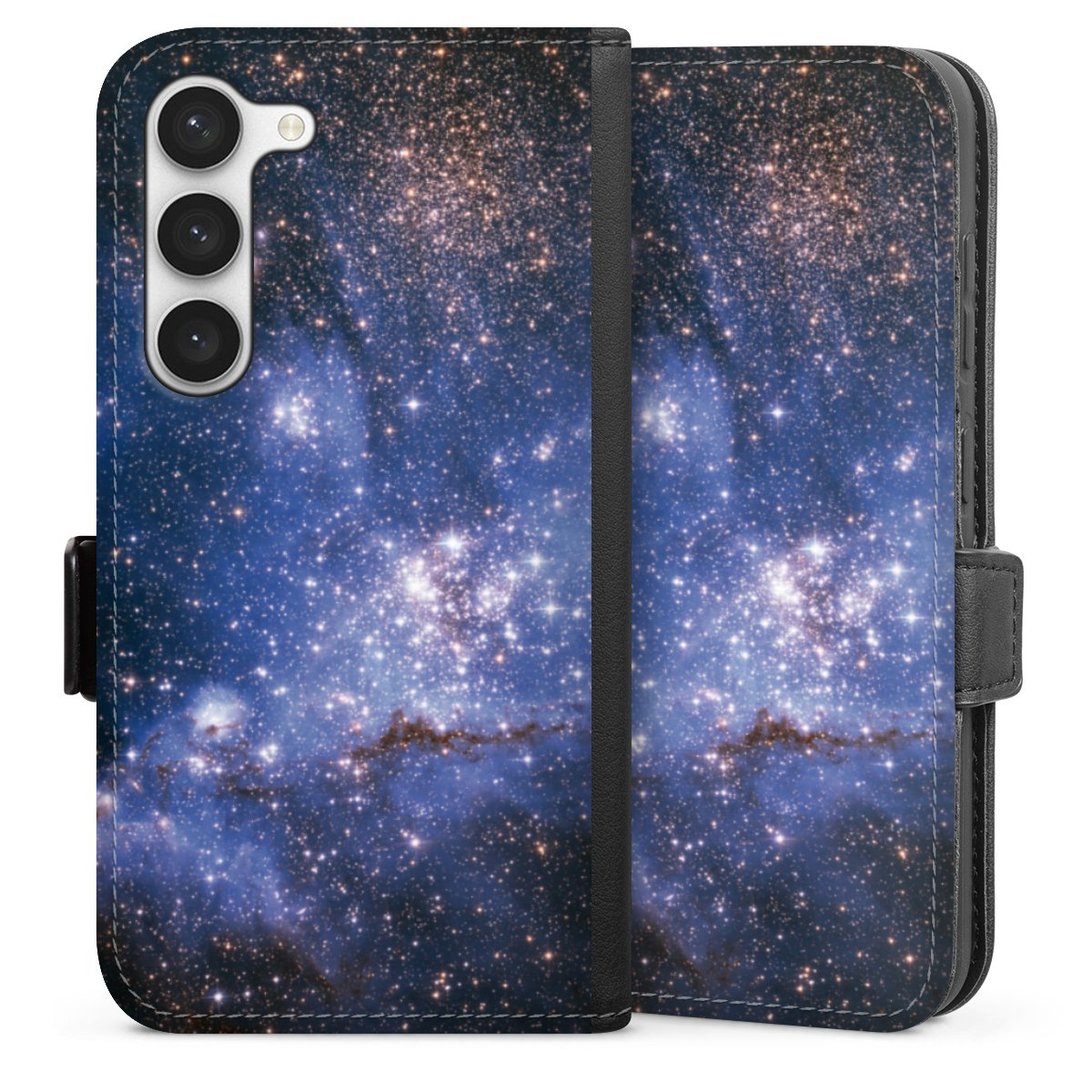 Galaxy S23 Handy Klapphülle Handyhülle aus Kunst Leder schwarz Flip Case Weltall Galaxy Weltraum Sideflip mit Lasche