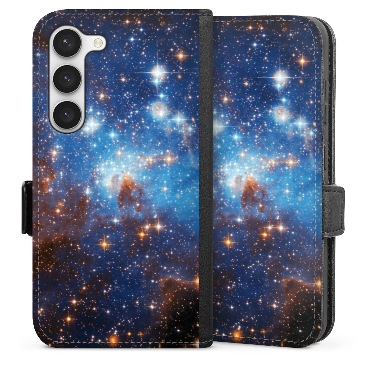 Galaxy S23 Handy Klapphülle Handyhülle aus Kunst Leder schwarz Flip Case Star Weltall Galaxy Sideflip mit Lasche