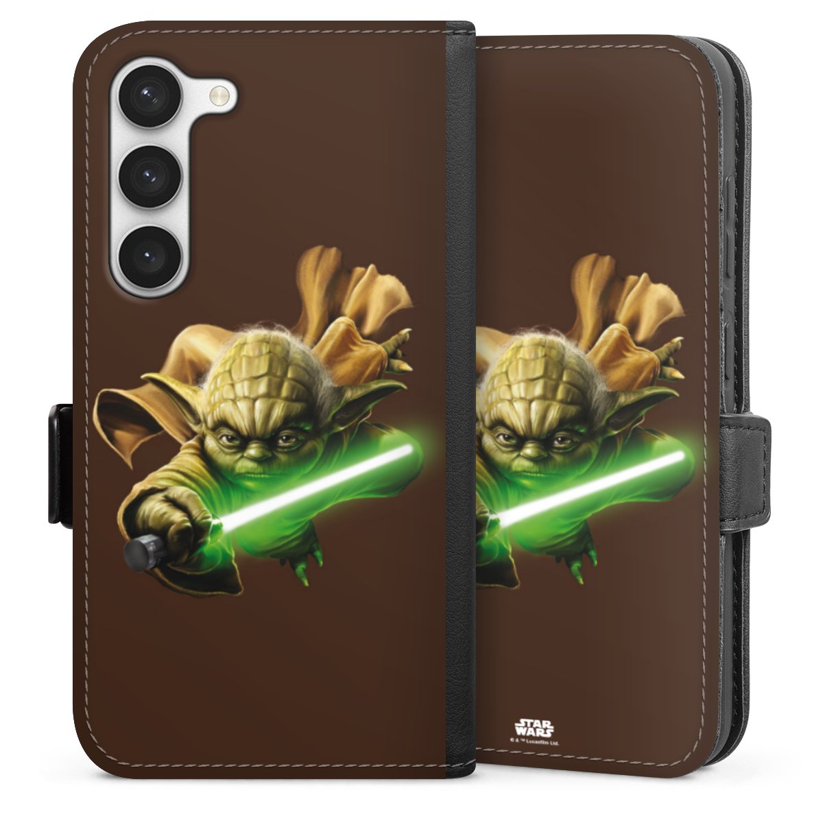 Galaxy S23 Handy Klapphülle Handyhülle aus Kunst Leder schwarz Flip Case Yoda Merchandise Star Wars Sideflip mit Lasche