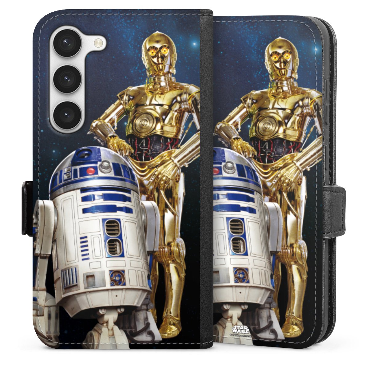 Galaxy S23 Handy Klapphülle Handyhülle aus Kunst Leder schwarz Flip Case Weltall Star Wars R2d2 Sideflip mit Lasche