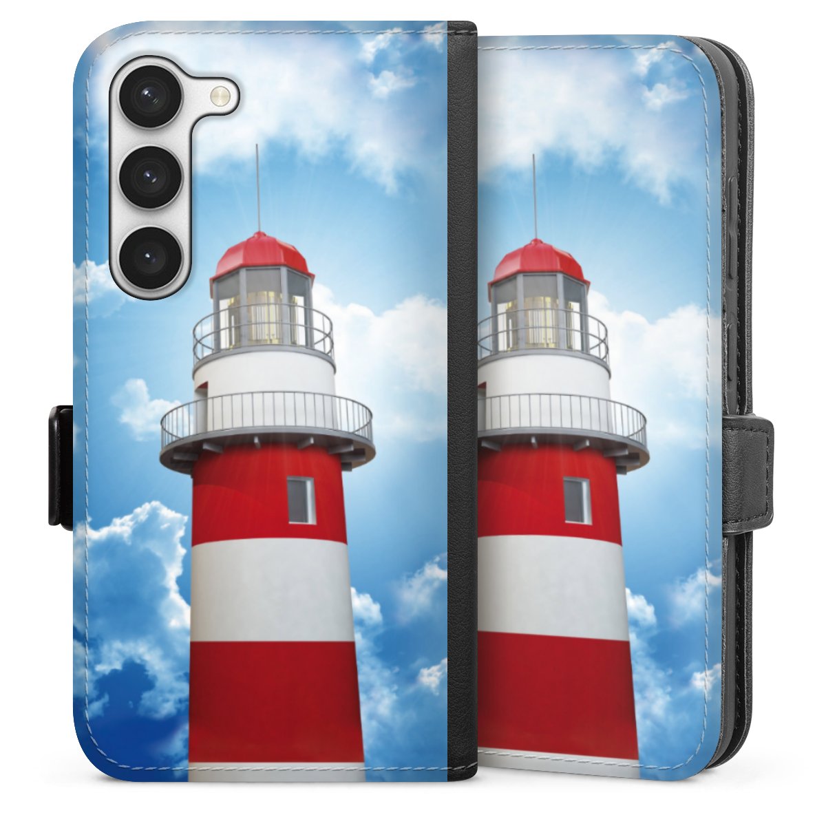 Galaxy S23 Handy Klapphülle Handyhülle aus Kunst Leder schwarz Flip Case Lighthouse Sky Cloud Sideflip mit Lasche