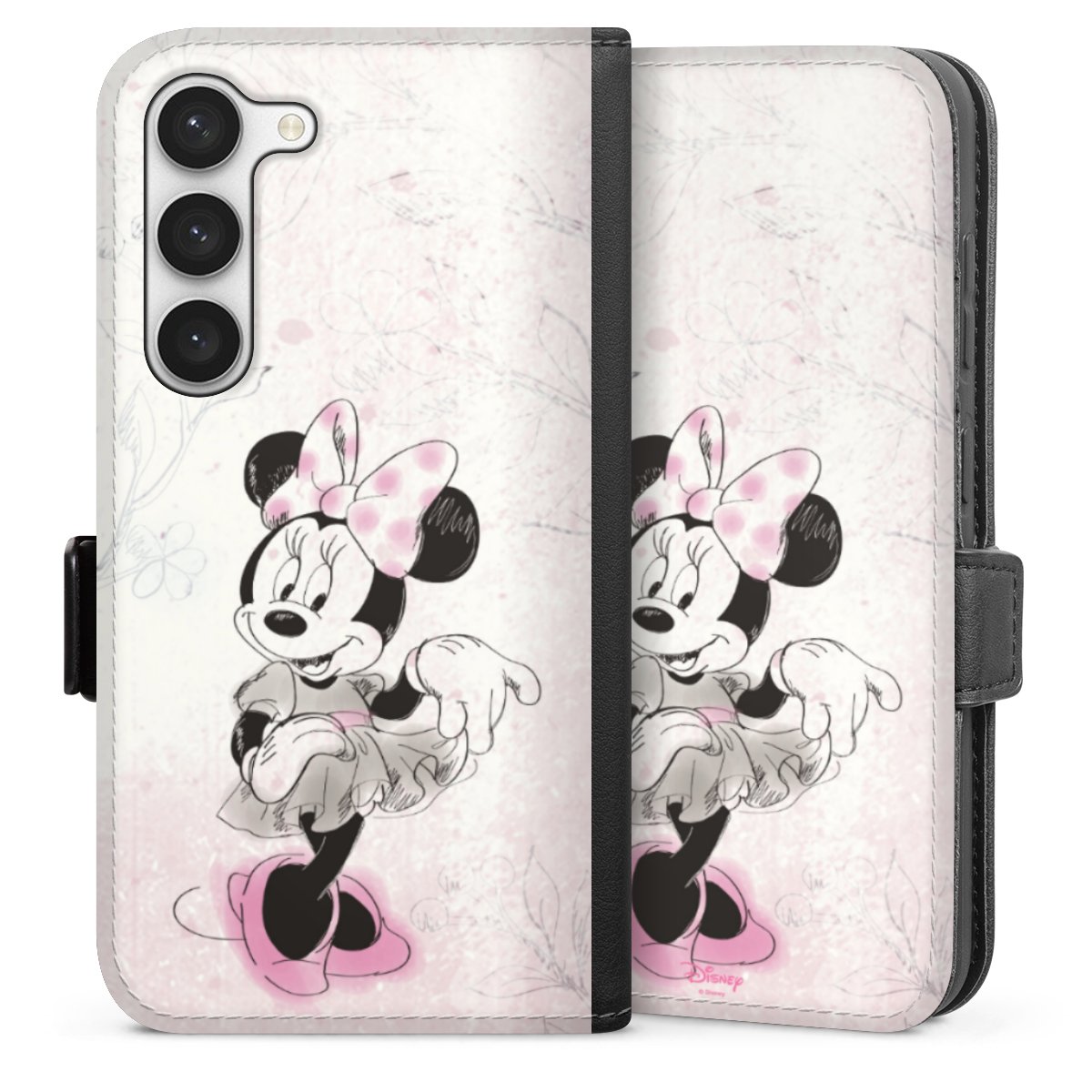 Galaxy S23 Handy Klapphülle Handyhülle aus Kunst Leder schwarz Flip Case Disney Minnie Mouse Vintage Sideflip mit Lasche