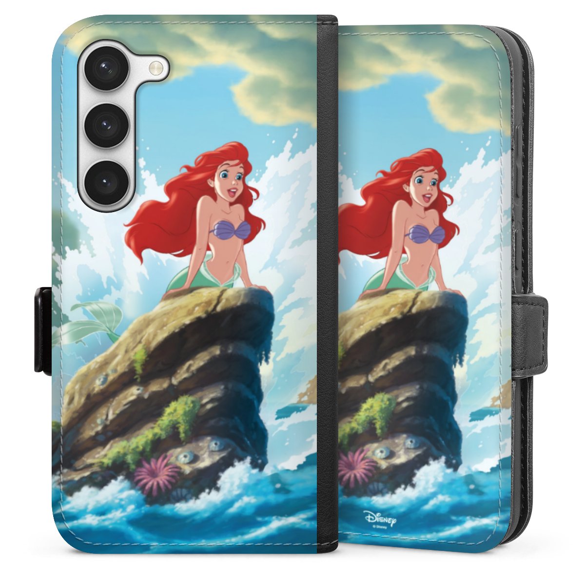 Galaxy S23 Handy Klapphülle Handyhülle aus Kunst Leder schwarz Flip Case Mermaid Arielle Die Meerjungfrau Official Licensed Product Sideflip mit Lasche