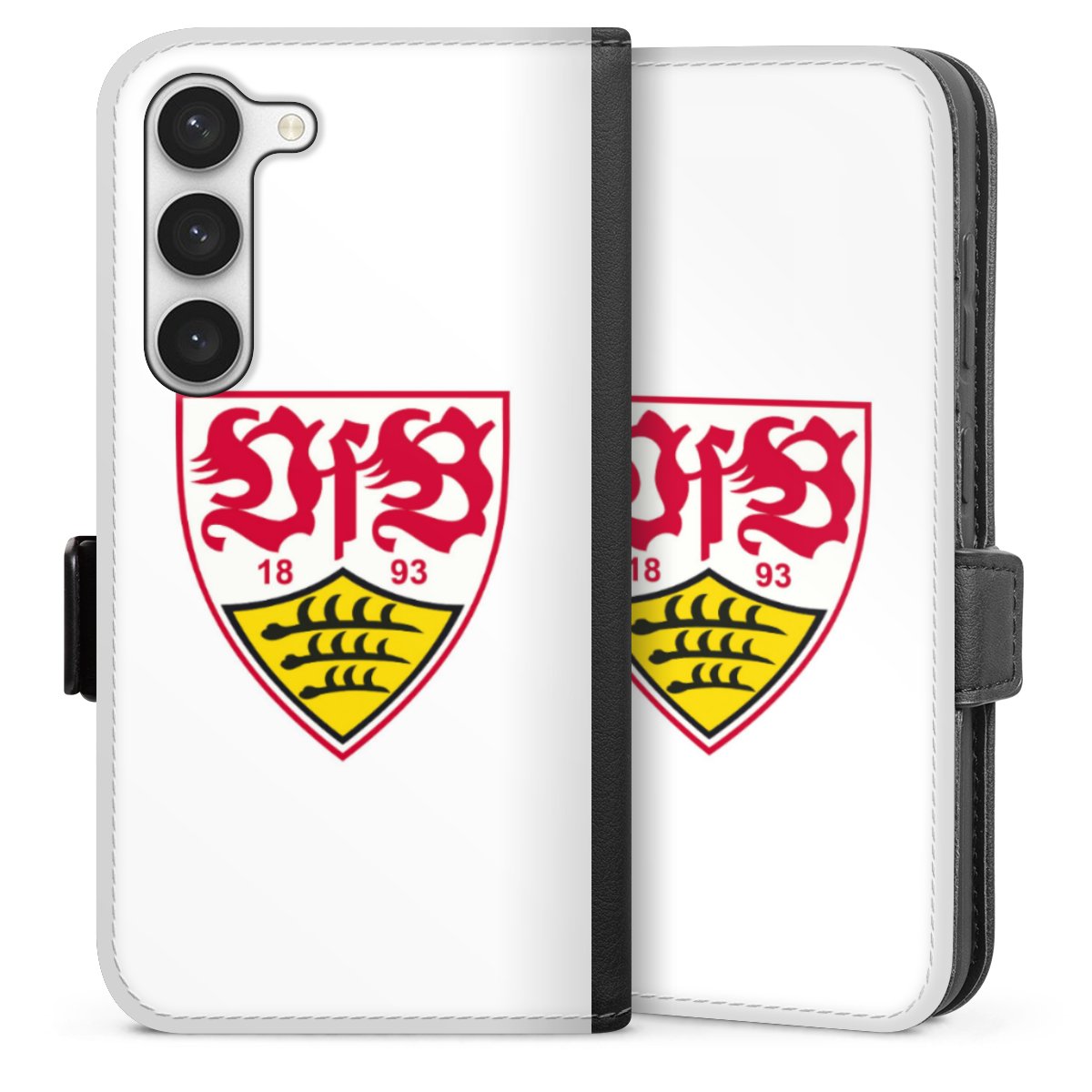 Galaxy S23 Handy Klapphülle Handyhülle aus Kunst Leder schwarz Flip Case Logo Official Licensed Product Vfb Stuttgart Sideflip mit Lasche