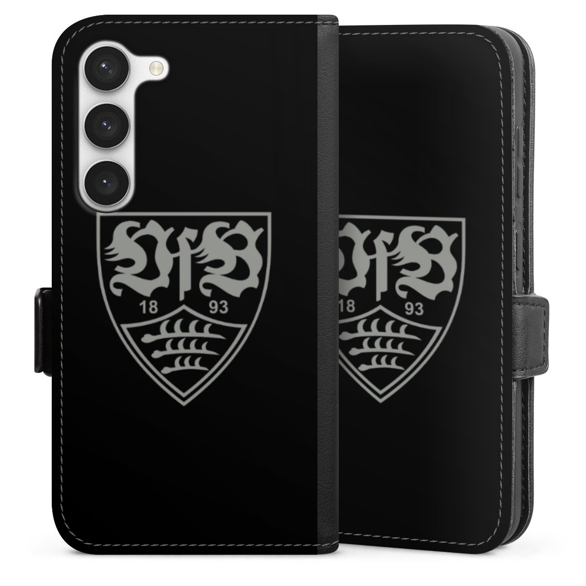 Galaxy S23 Handy Klapphülle Handyhülle aus Kunst Leder schwarz Flip Case Official Licensed Product Vfb Stuttgart Sideflip mit Lasche