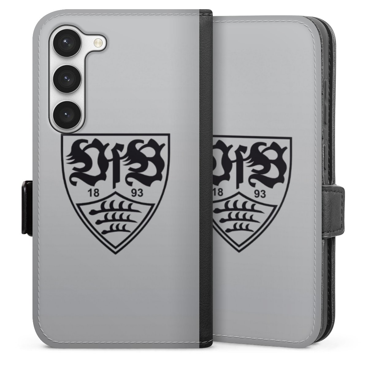 Galaxy S23 Handy Klapphülle Handyhülle aus Kunst Leder schwarz Flip Case Logo Vfb Stuttgart Official Licensed Product Sideflip mit Lasche