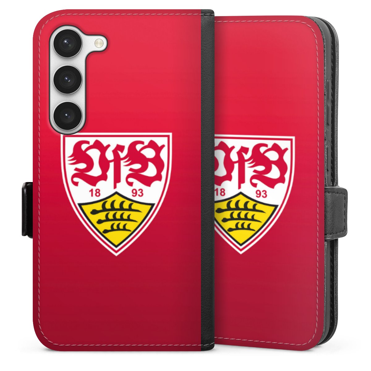 Galaxy S23 Handy Klapphülle Handyhülle aus Kunst Leder schwarz Flip Case Official Licensed Product Vfb Stuttgart Sideflip mit Lasche