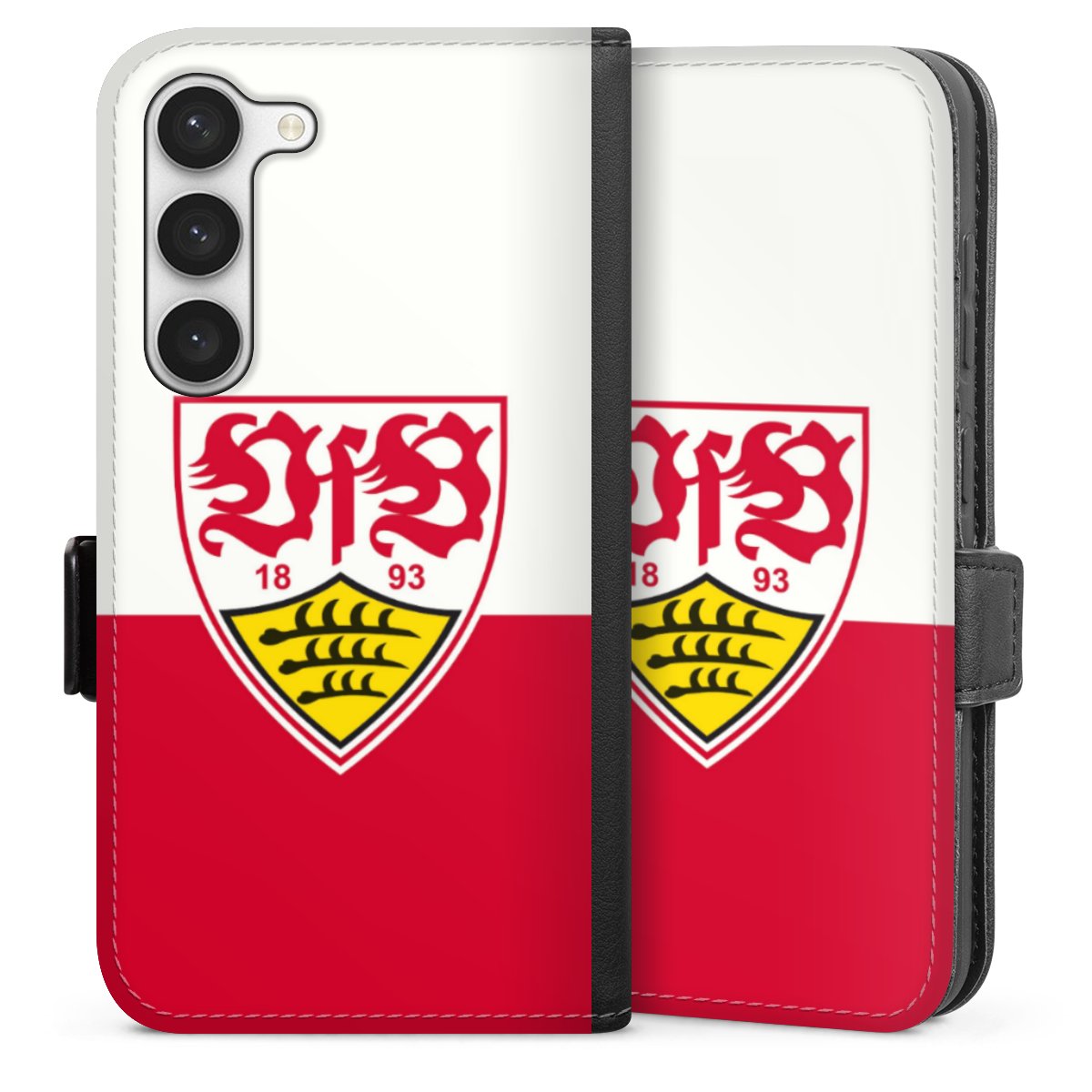 Galaxy S23 Handy Klapphülle Handyhülle aus Kunst Leder schwarz Flip Case Official Licensed Product Logo Vfb Stuttgart Sideflip mit Lasche