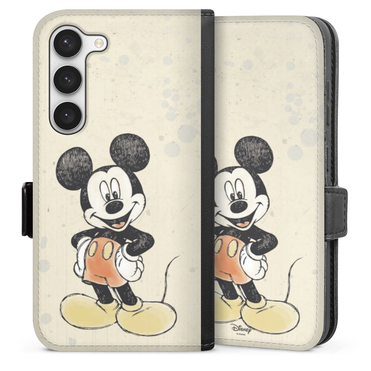 Galaxy S23 Handy Klapphülle Handyhülle aus Kunst Leder schwarz Flip Case Water Colour Mickey & Minnie Mouse Official Licensed Product Sideflip mit Lasche