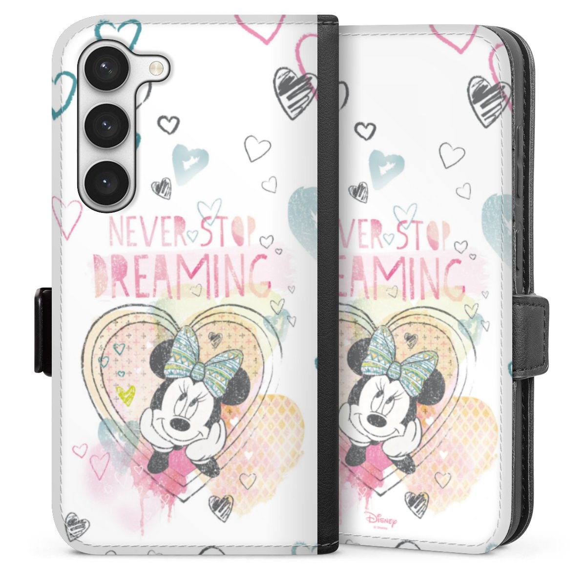 Galaxy S23 Handy Klapphülle Handyhülle aus Kunst Leder schwarz Flip Case Disney Official Licensed Product Minnie Mouse Sideflip mit Lasche