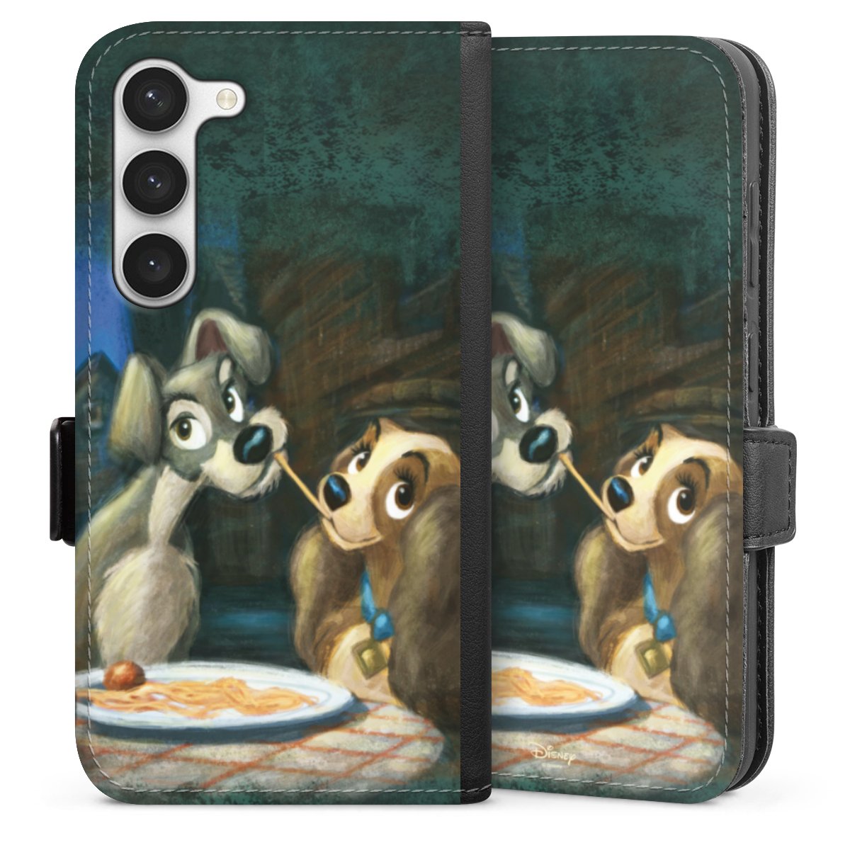 Galaxy S23 Handy Klapphülle Handyhülle aus Kunst Leder schwarz Flip Case Lady And The Tramp Official Licensed Product Disney Sideflip mit Lasche