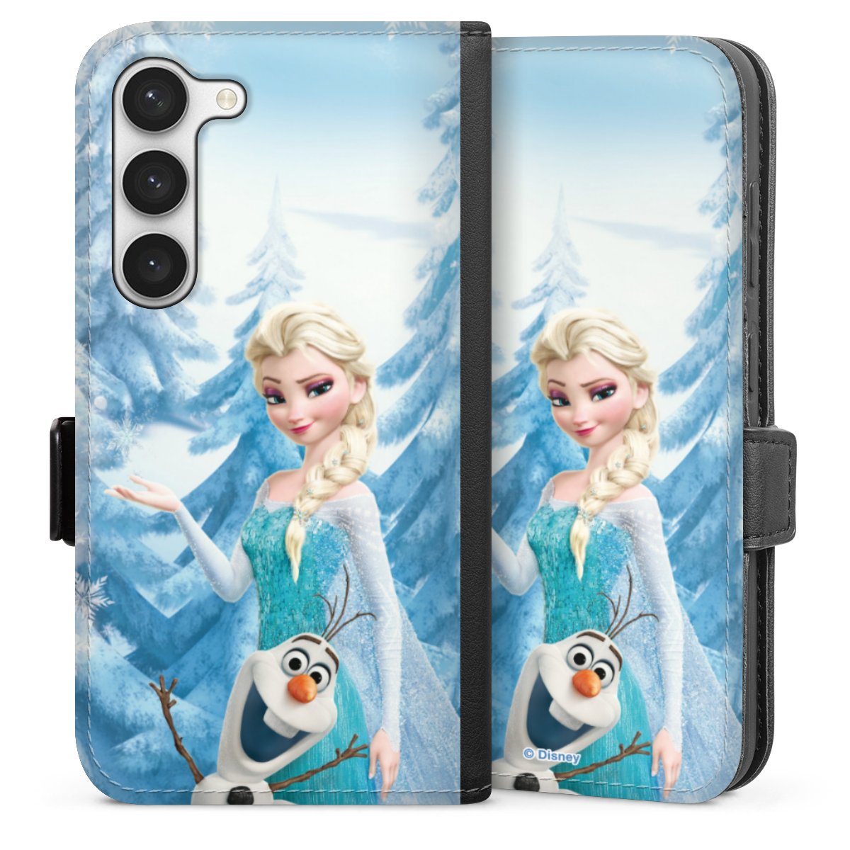 Galaxy S23 Handy Klapphülle Handyhülle aus Kunst Leder schwarz Flip Case Official Licensed Product Frozen Elsa Disney Sideflip mit Lasche