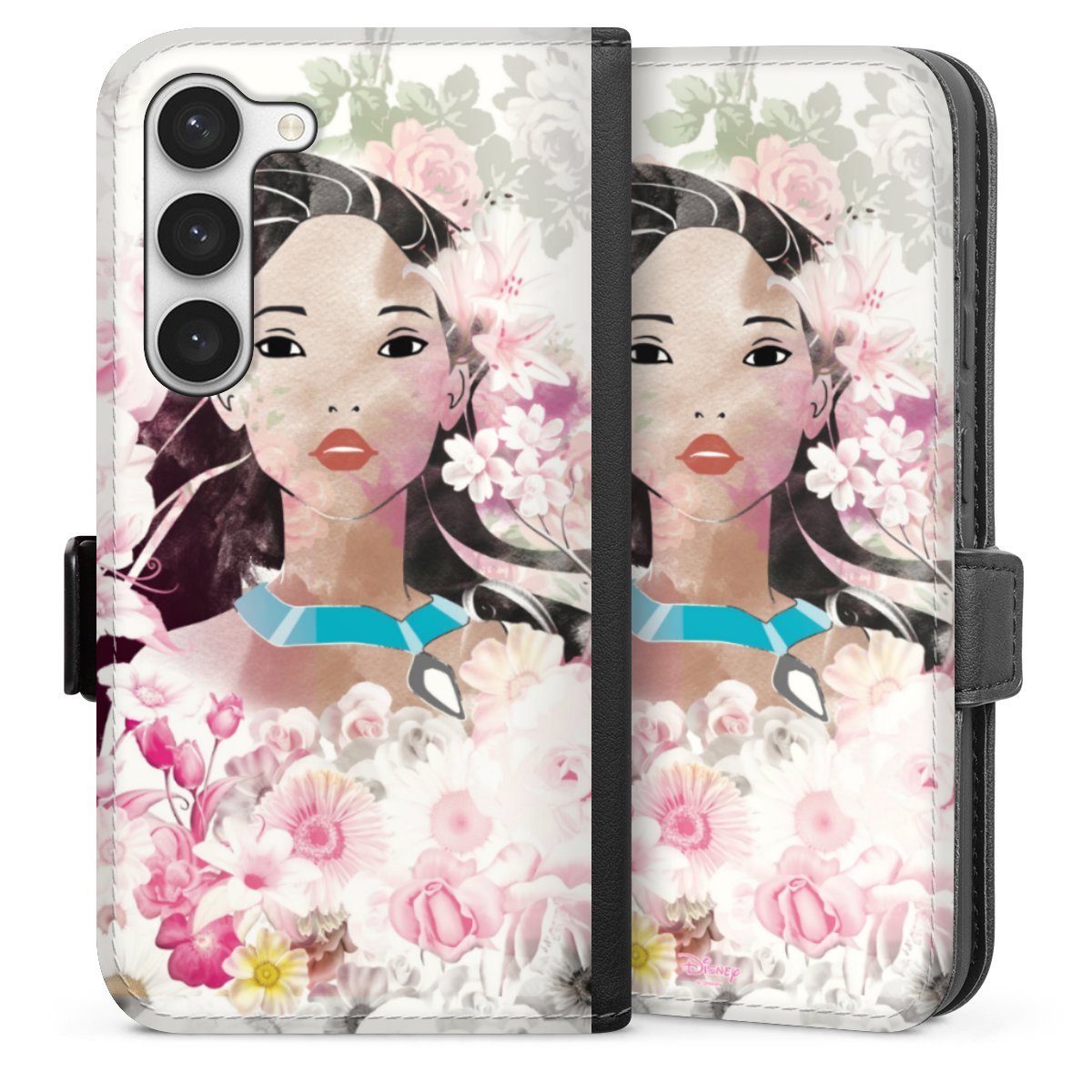 Galaxy S23 Handy Klapphülle Handyhülle aus Kunst Leder schwarz Flip Case Pocahontas Official Licensed Product Disney Sideflip mit Lasche