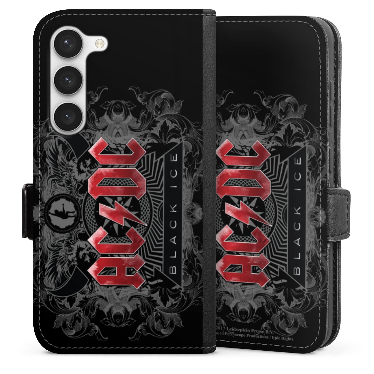 Galaxy S23 Handy Klapphülle Handyhülle aus Kunst Leder schwarz Flip Case Merchandise Black Ice Acdc Sideflip mit Lasche