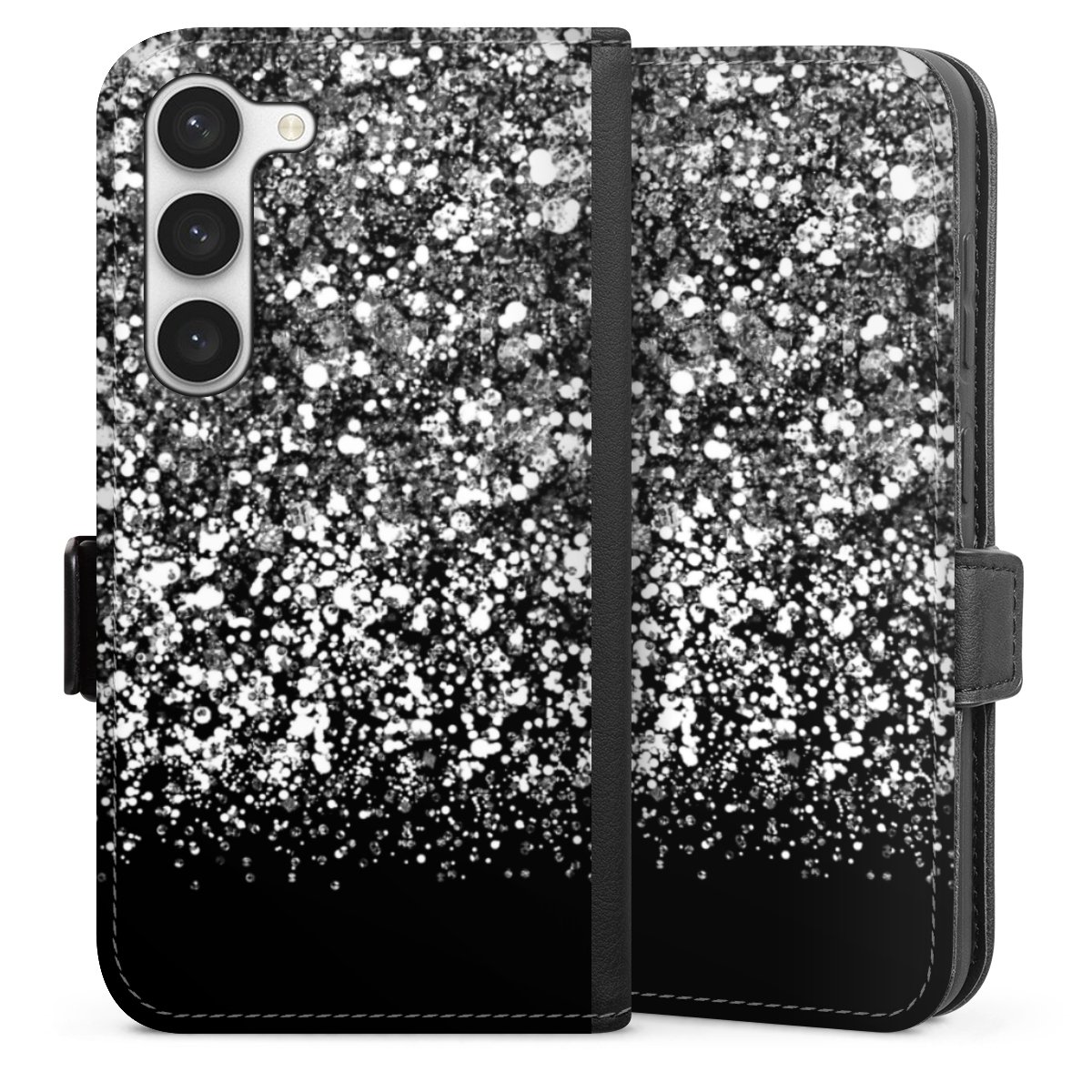 Galaxy S23 Handy Klapphülle Handyhülle aus Kunst Leder schwarz Flip Case Glitzer Snowflake Muster Sideflip mit Lasche