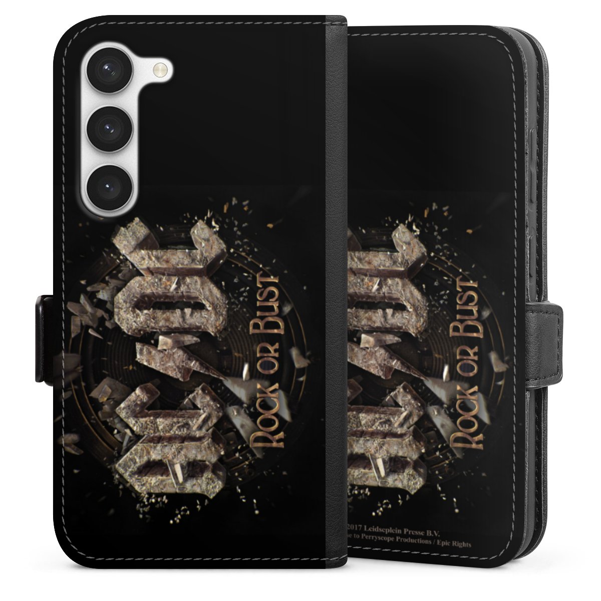 Galaxy S23 Handy Klapphülle Handyhülle aus Kunst Leder schwarz Flip Case Acdc Official Licensed Product Rock Or Bust Sideflip mit Lasche