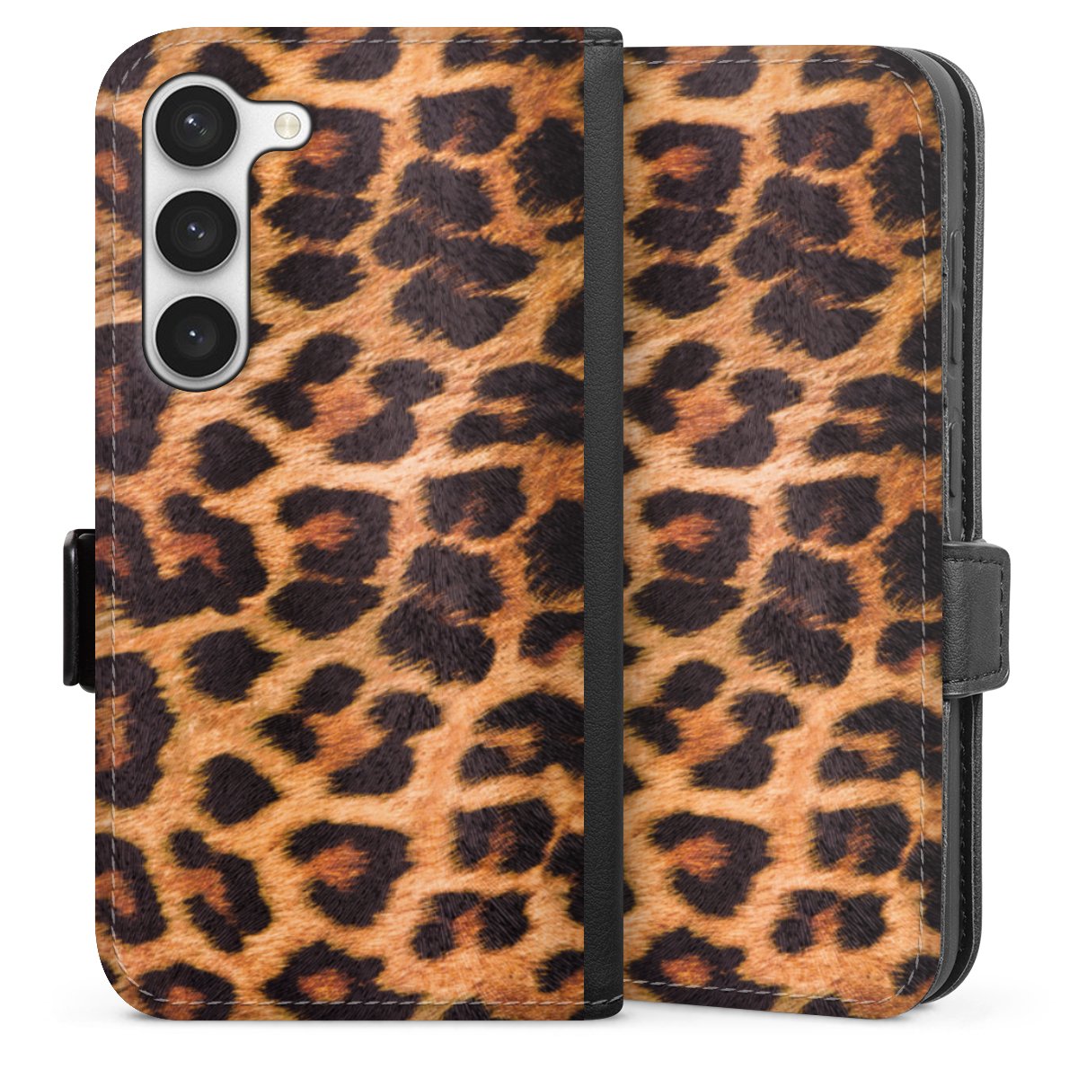 Galaxy S23 Handy Klapphülle Handyhülle aus Kunst Leder schwarz Flip Case Animal Print Leopard Fur Sideflip mit Lasche