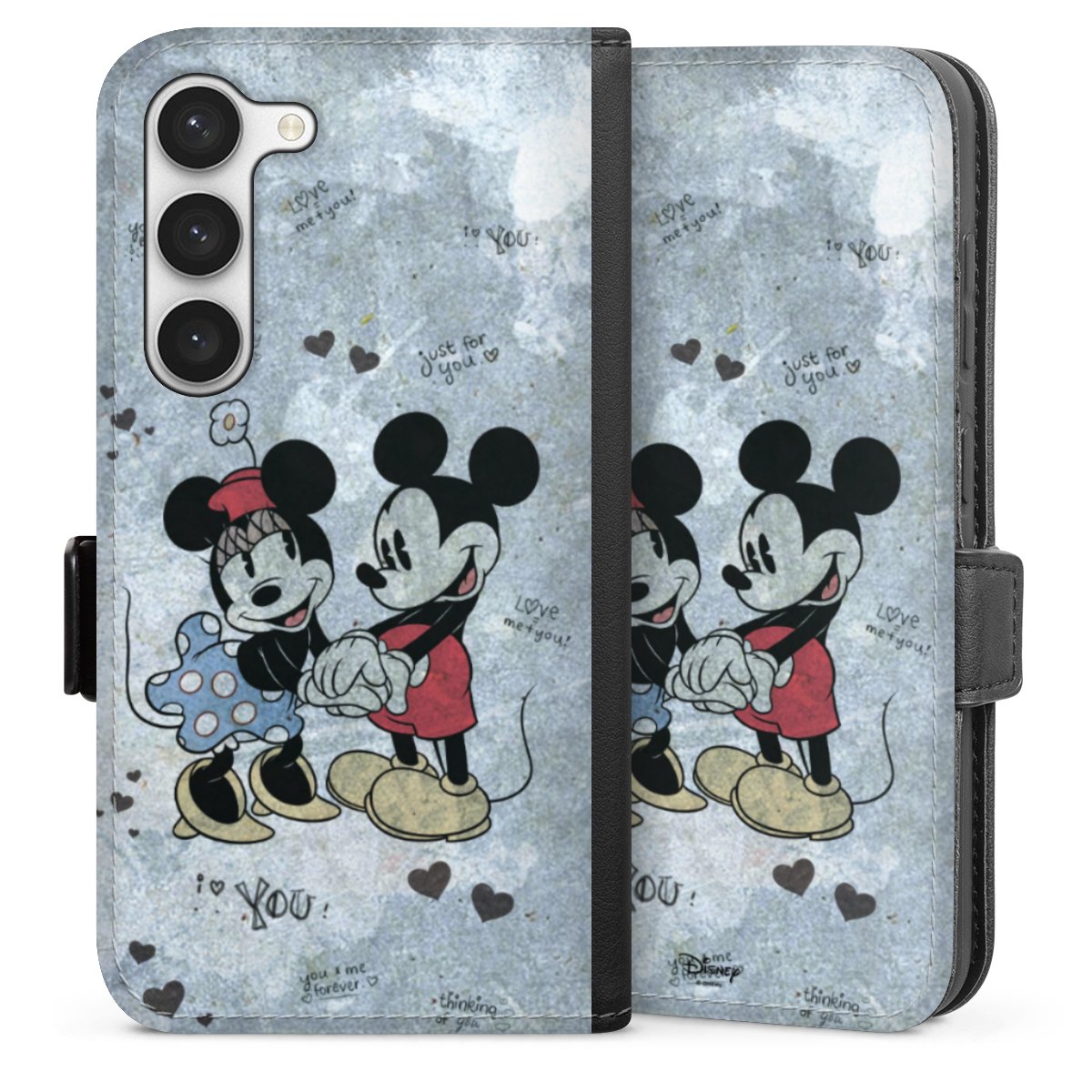 Galaxy S23 Handy Klapphülle Handyhülle aus Kunst Leder schwarz Flip Case Mickey & Minnie Mouse Vintage Disney Sideflip mit Lasche