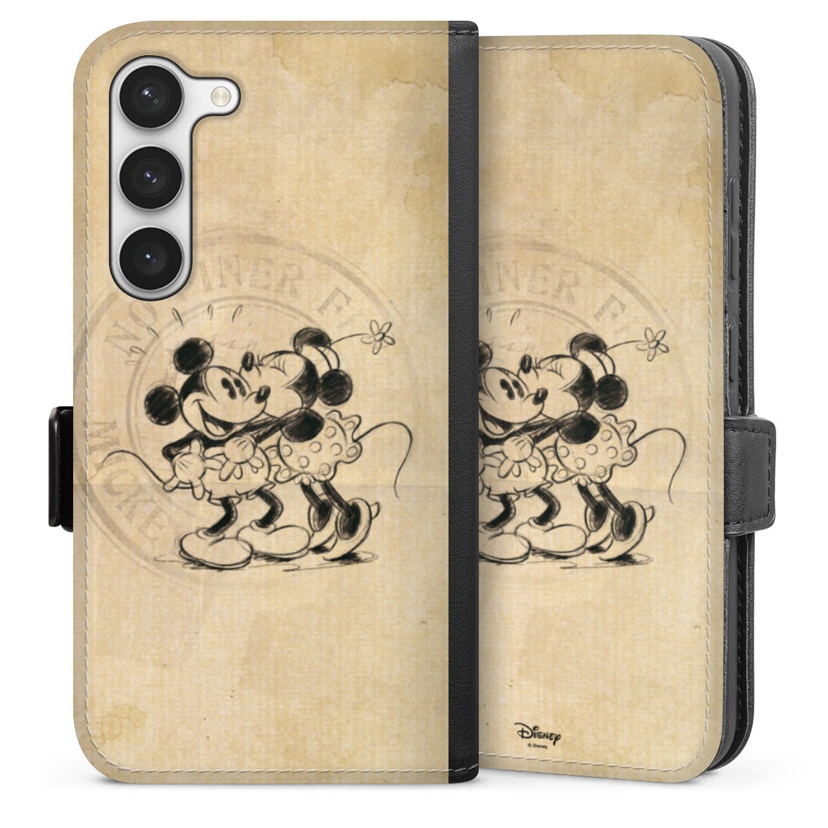 Galaxy S23 Handy Klapphülle Handyhülle aus Kunst Leder schwarz Flip Case Mickey Mouse Vintage Minnie Mouse Sideflip mit Lasche