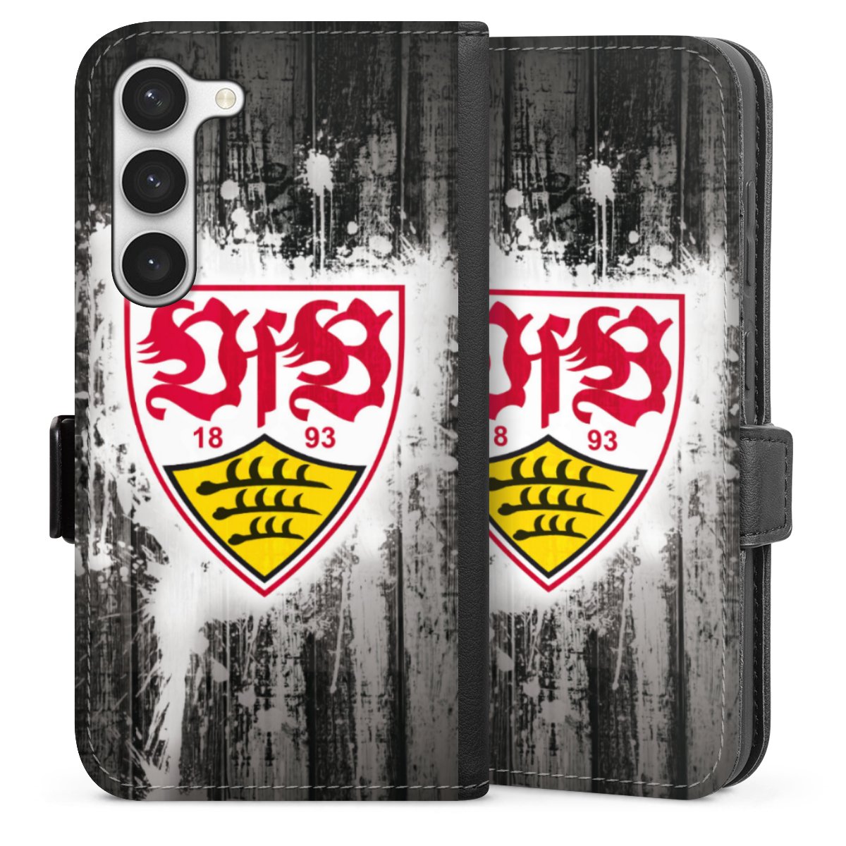 Galaxy S23 Handy Klapphülle Handyhülle aus Kunst Leder schwarz Flip Case Vfb Stuttgart Official Licensed Product Sideflip mit Lasche