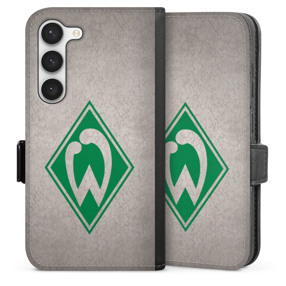 Galaxy S23 Handy Klapphülle Handyhülle aus Kunst Leder schwarz Flip Case Sv Werder Bremen Concrete Official Licensed Product Sideflip mit Lasche