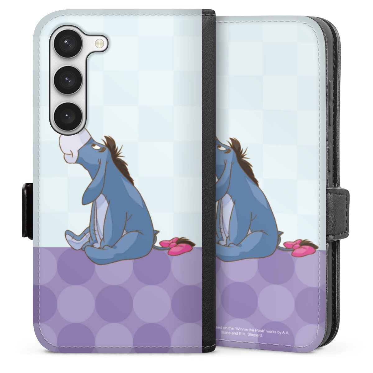 Galaxy S23 Handy Klapphülle Handyhülle aus Kunst Leder schwarz Flip Case Disney Donkey Winnie The Pooh Sideflip mit Lasche