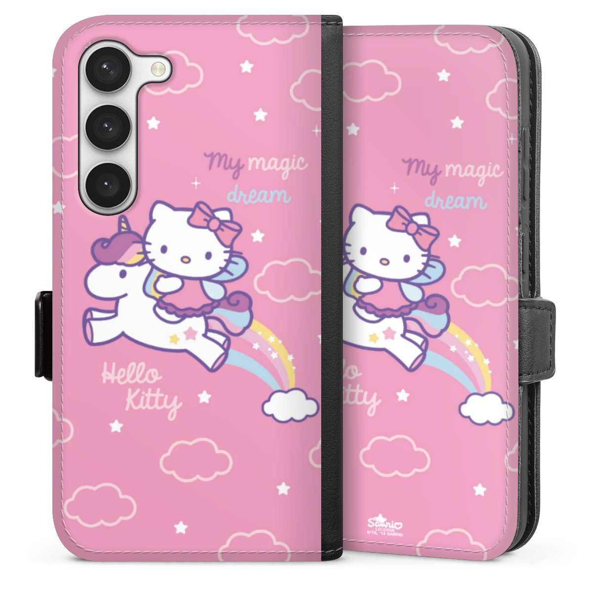 Galaxy S23 Handy Klapphülle Handyhülle aus Kunst Leder schwarz Flip Case Einhorn Official Licensed Product Hello Kitty Sideflip mit Lasche