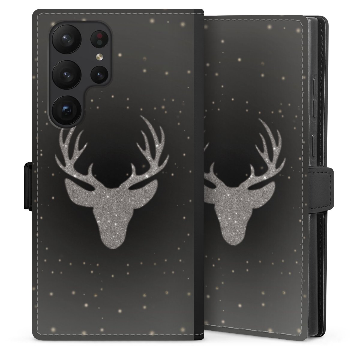 Galaxy S23 Ultra Handy Klapphülle Handyhülle aus Kunst Leder schwarz Flip Case Winter Deer Glitzer Sideflip mit Lasche