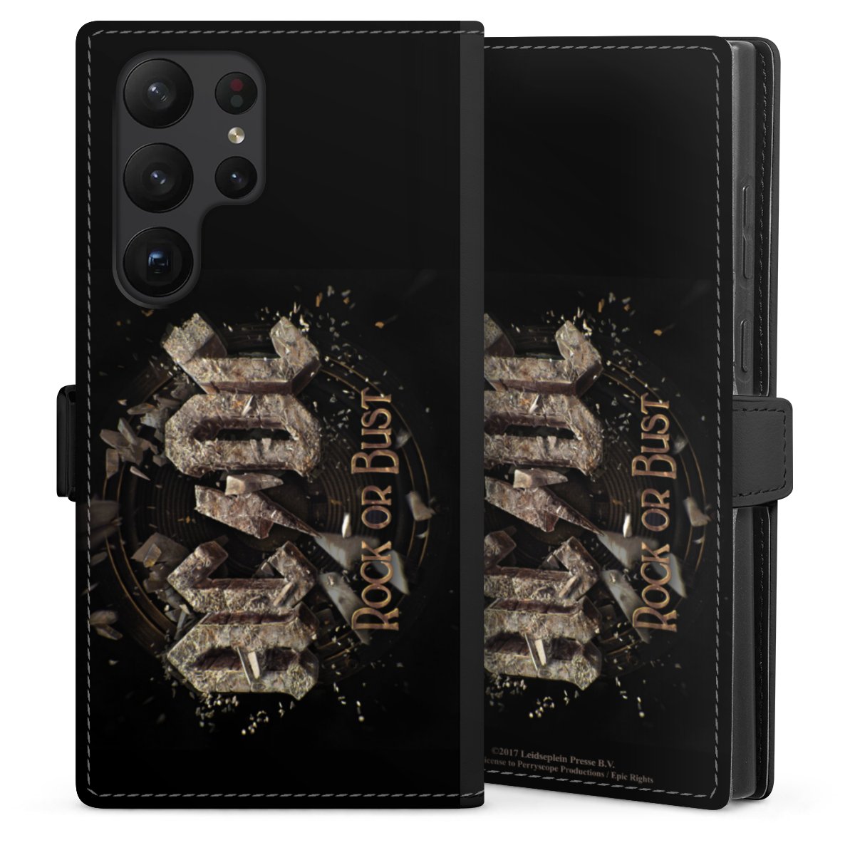 Galaxy S23 Ultra Handy Klapphülle Handyhülle aus Kunst Leder schwarz Flip Case Acdc Official Licensed Product Rock Or Bust Sideflip mit Lasche