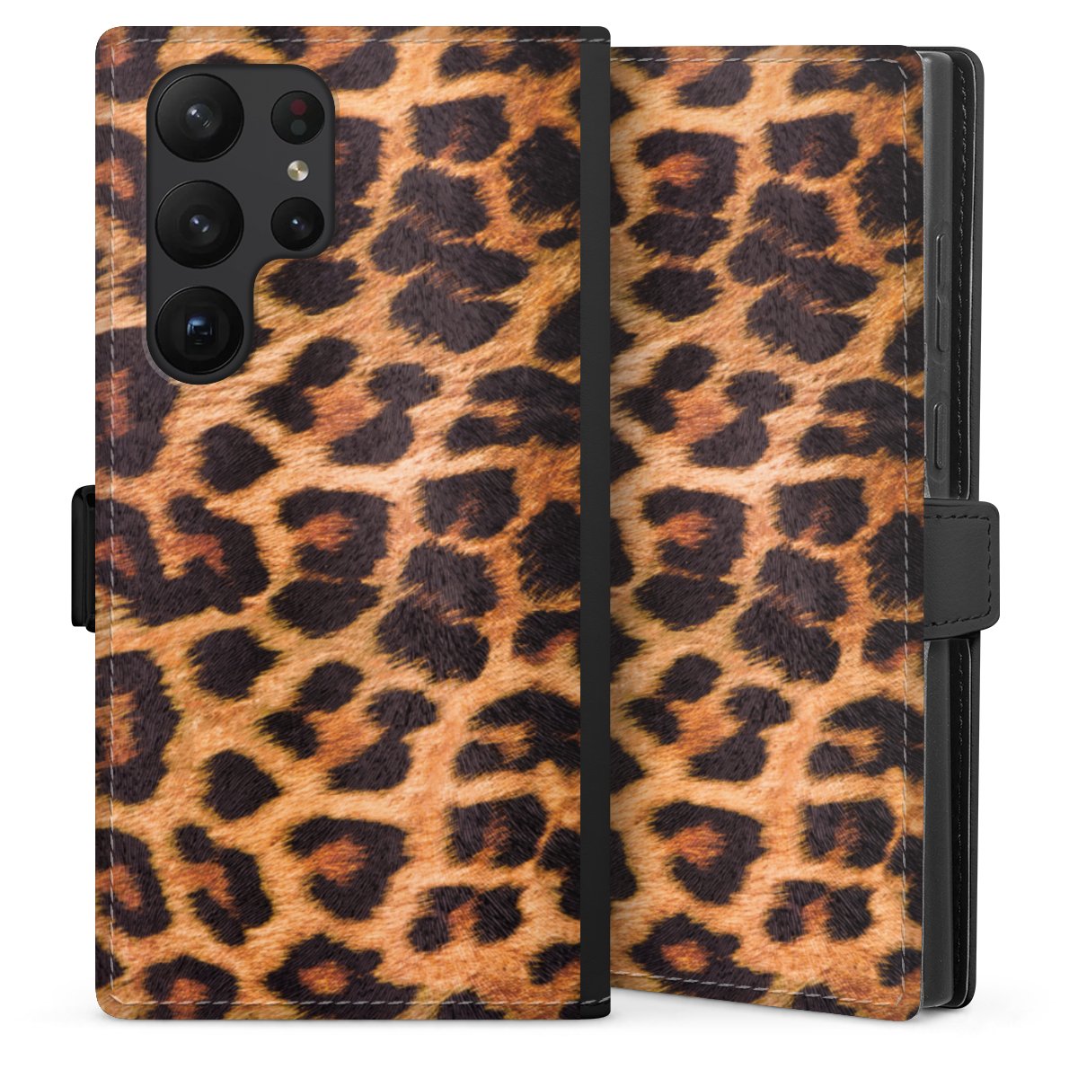 Galaxy S23 Ultra Handy Klapphülle Handyhülle aus Kunst Leder schwarz Flip Case Animal Print Leopard Fur Sideflip mit Lasche