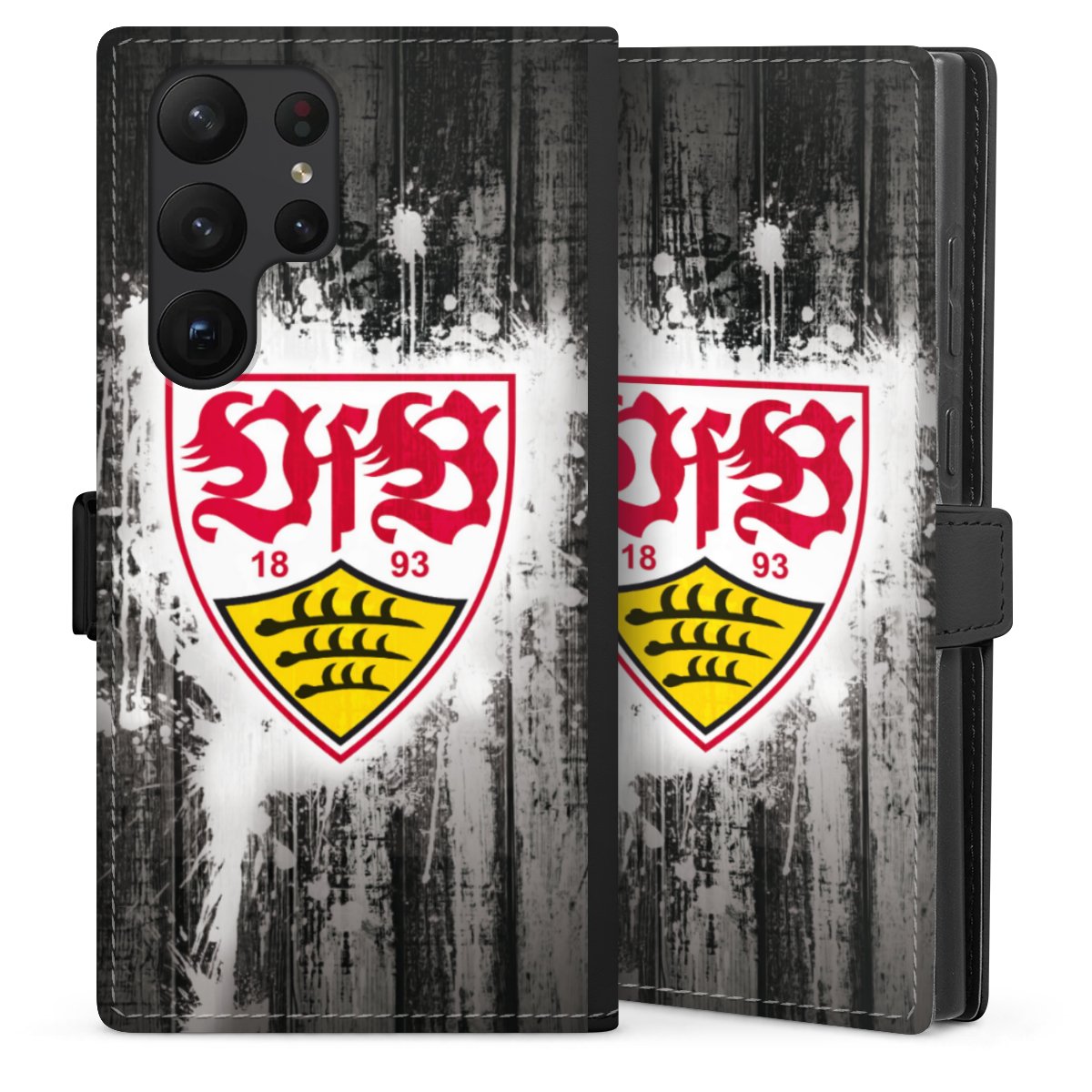 Galaxy S23 Ultra Handy Klapphülle Handyhülle aus Kunst Leder schwarz Flip Case Vfb Stuttgart Official Licensed Product Sideflip mit Lasche