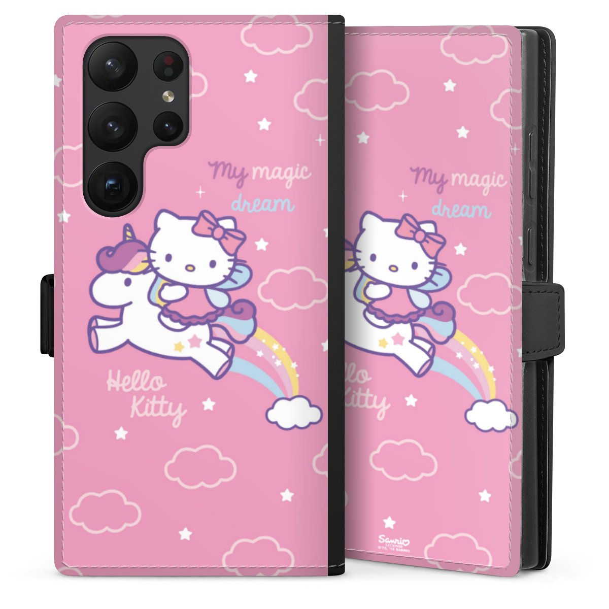 Galaxy S23 Ultra Handy Klapphülle Handyhülle aus Kunst Leder schwarz Flip Case Einhorn Official Licensed Product Hello Kitty Sideflip mit Lasche