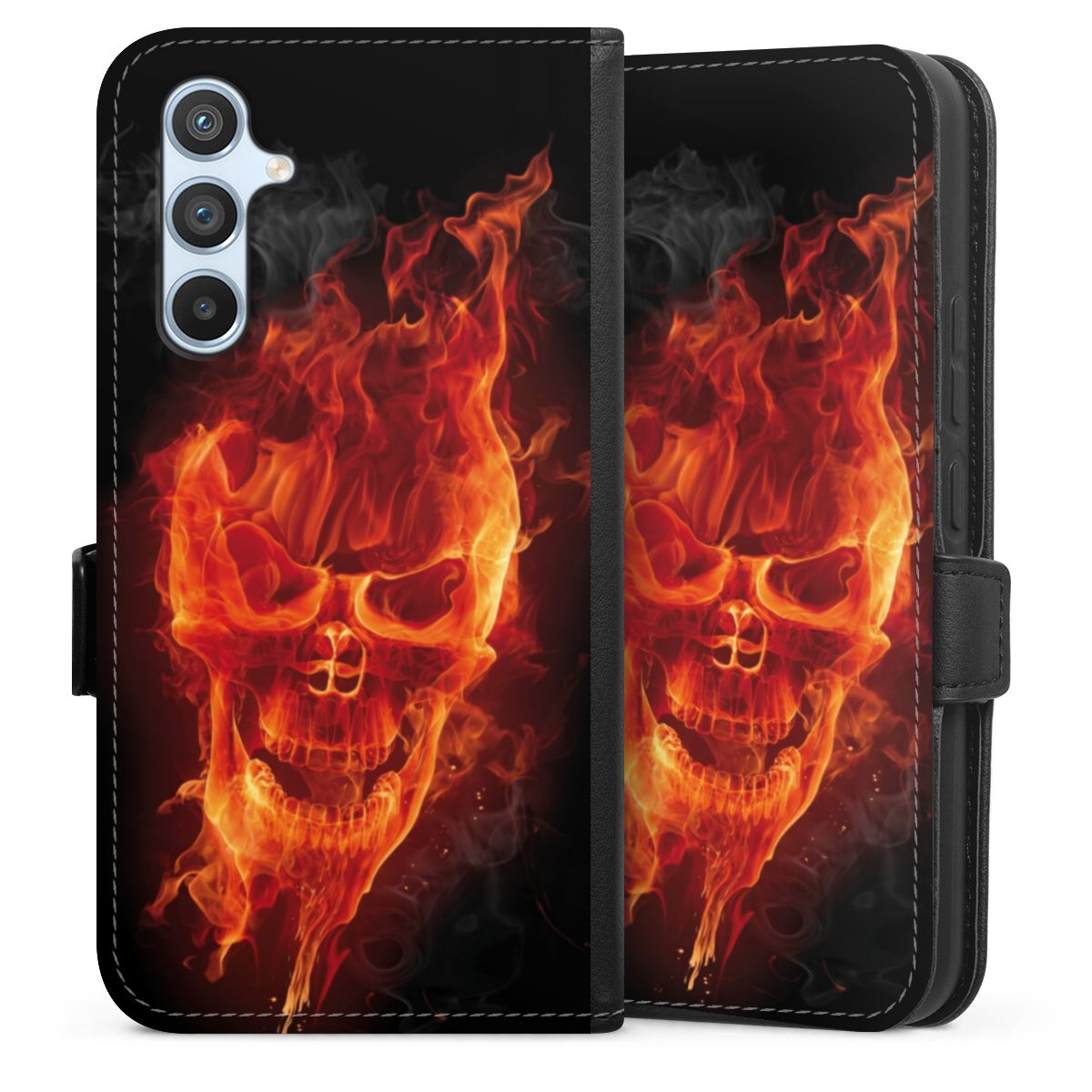 Galaxy A54 5G Handy Klapphülle Handyhülle aus Kunst Leder schwarz Flip Case Totenkopf Skull Fire Sideflip mit Lasche