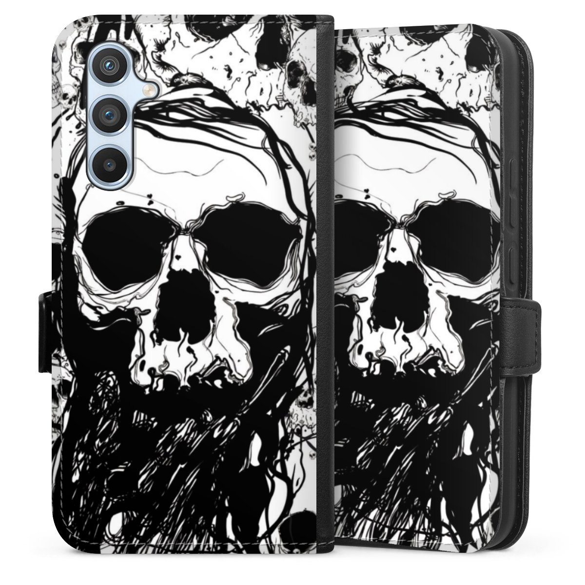 Galaxy A54 5G Handy Klapphülle Handyhülle aus Kunst Leder schwarz Flip Case Totenkopf Halloween Sideflip mit Lasche