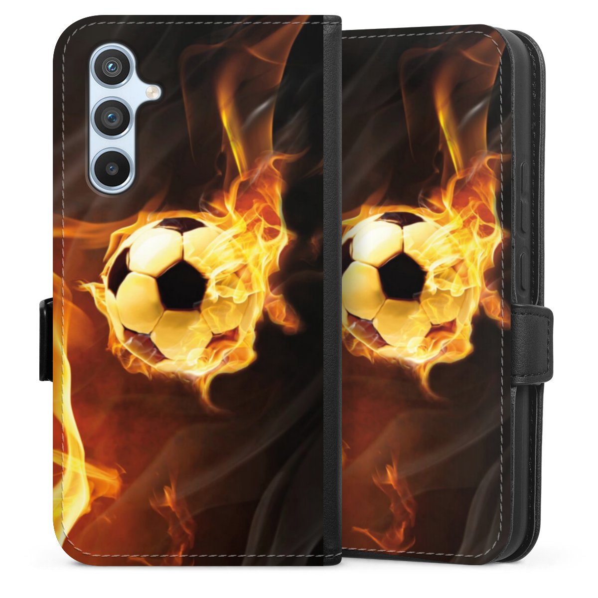 Galaxy A54 5G Handy Klapphülle Handyhülle aus Kunst Leder schwarz Flip Case Ball Fire Soccer Sideflip mit Lasche