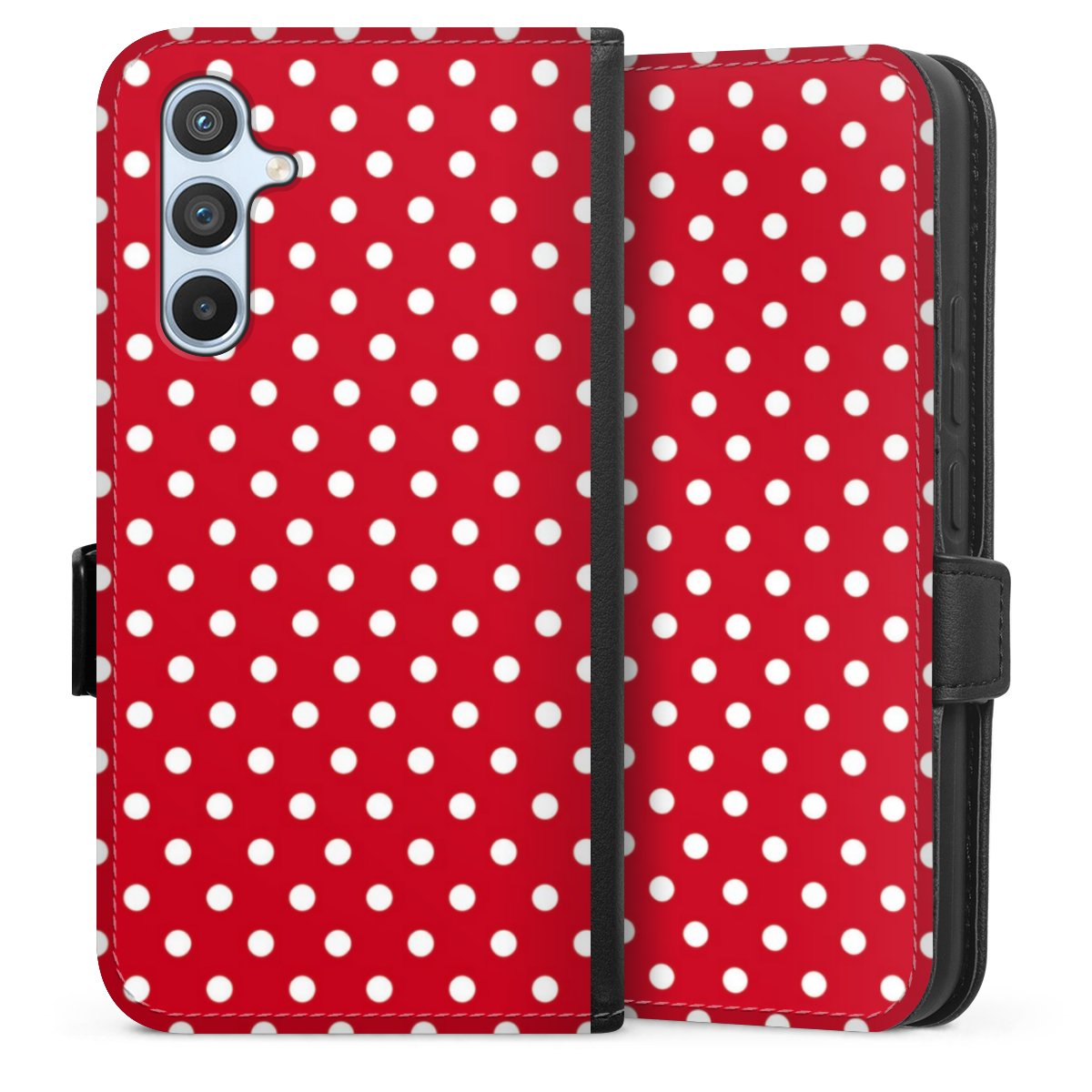 Galaxy A54 5G Handy Klapphülle Handyhülle aus Kunst Leder schwarz Flip Case Points Polka Dots Retro Sideflip mit Lasche