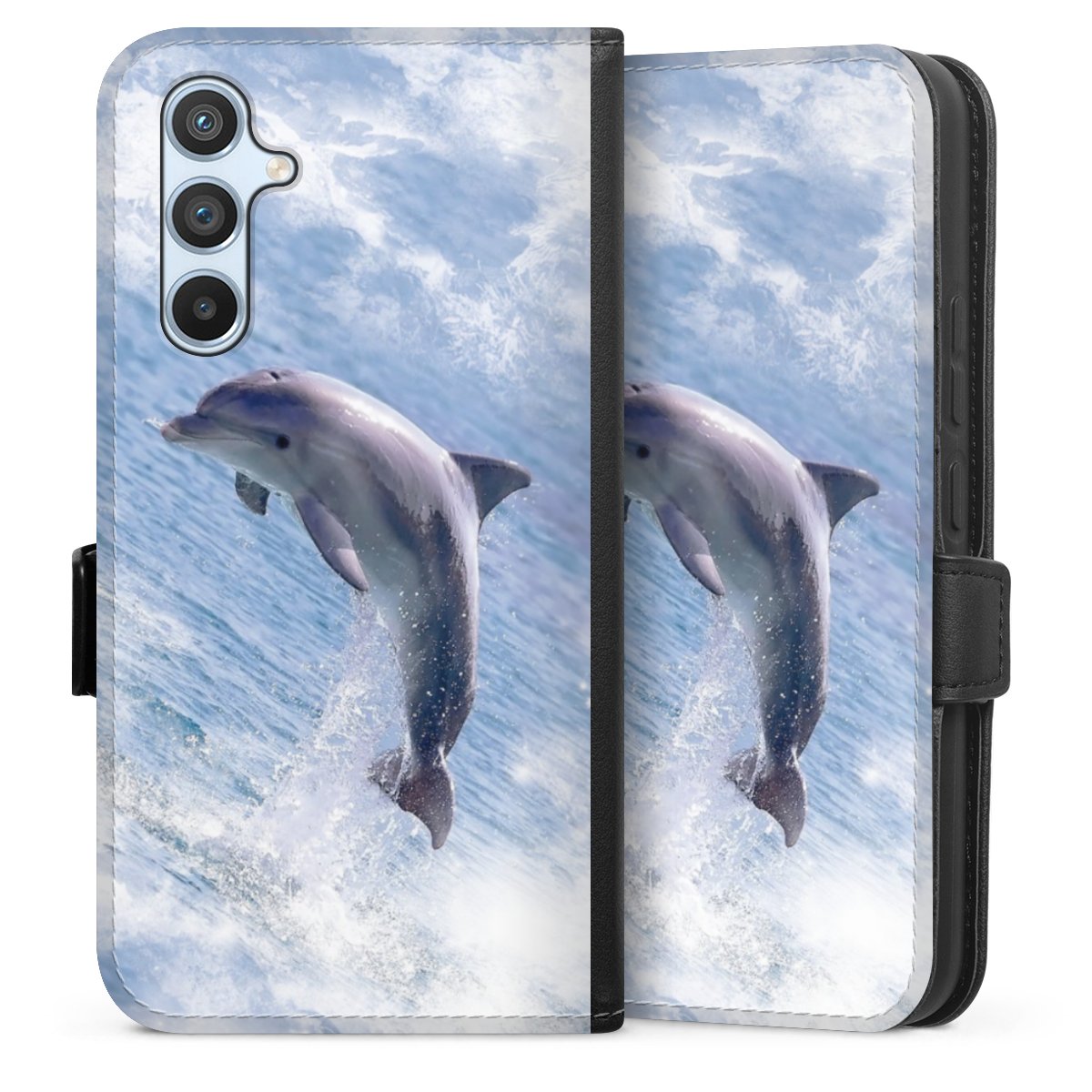 Galaxy A54 5G Handy Klapphülle Handyhülle aus Kunst Leder schwarz Flip Case Dolphin Ocean Wale Sideflip mit Lasche