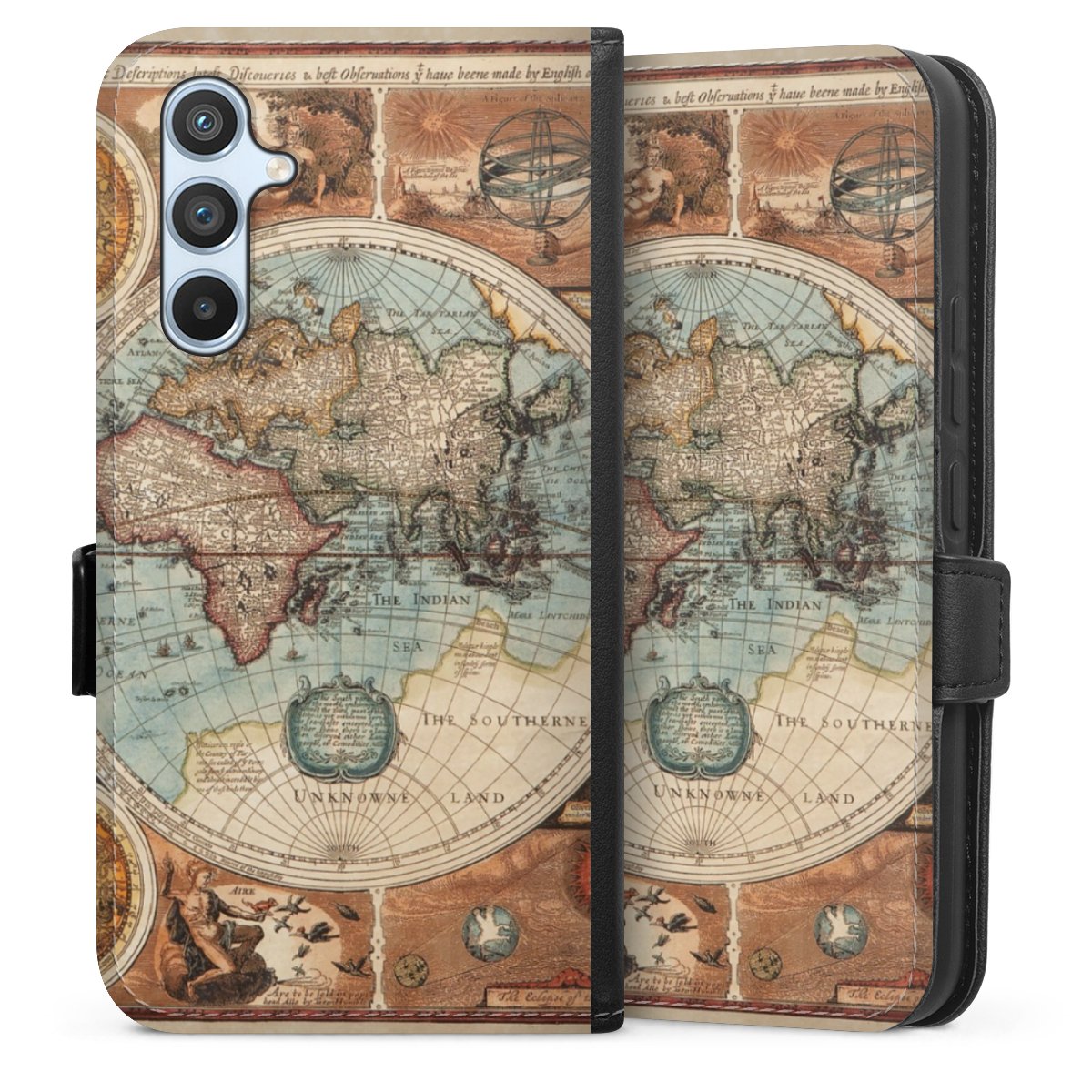 Galaxy A54 5G Handy Klapphülle Handyhülle aus Kunst Leder schwarz Flip Case World Map Vintage Map Sideflip mit Lasche