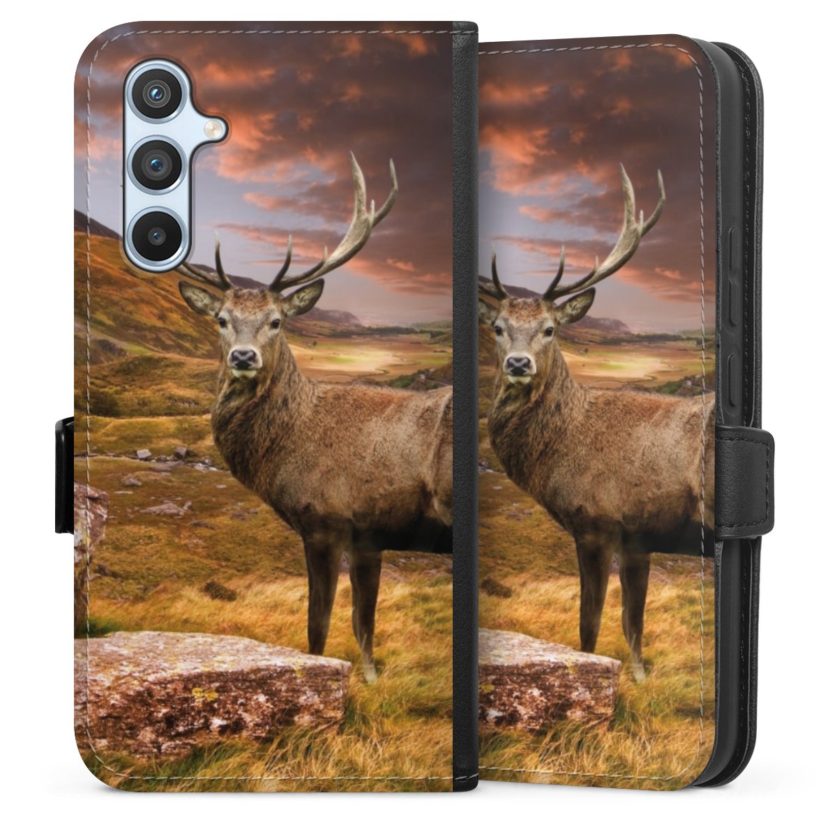 Galaxy A54 5G Handy Klapphülle Handyhülle aus Kunst Leder schwarz Flip Case Meadow Mountain Deer Sideflip mit Lasche