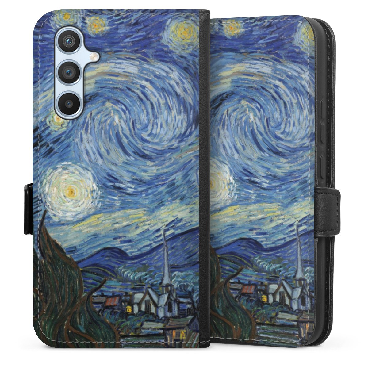 Galaxy A54 5G Handy Klapphülle Handyhülle aus Kunst Leder schwarz Flip Case The Starry Night Kunst Vincent Van Gogh Sideflip mit Lasche